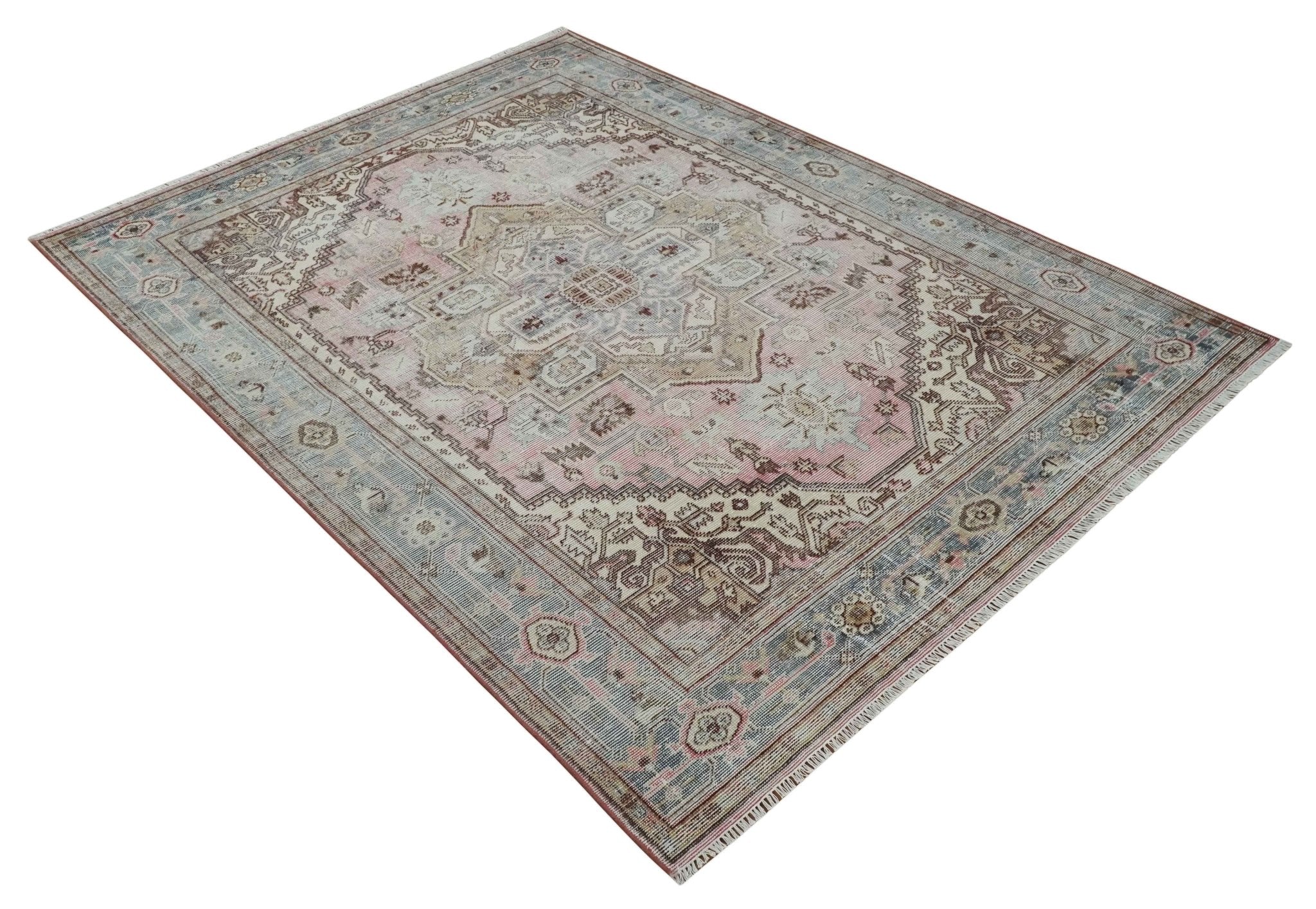 8x10 Distressed Low Pile Hand knotted Beige, Peach and Silver Wool Area Rug - Image 9