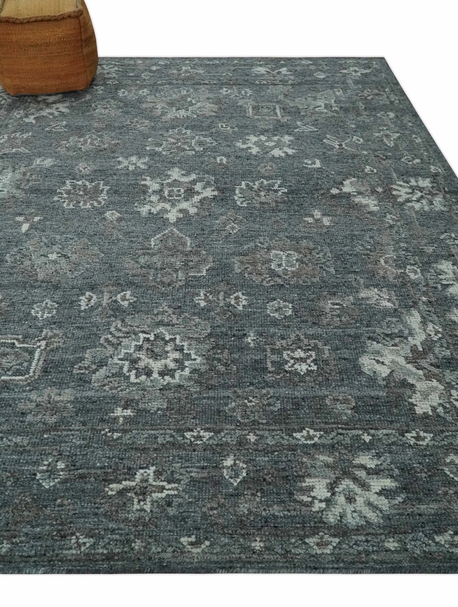 Antique Style Charcoal and Ivory 8x10 hand knotted Oushak wool Area rug - Image 3