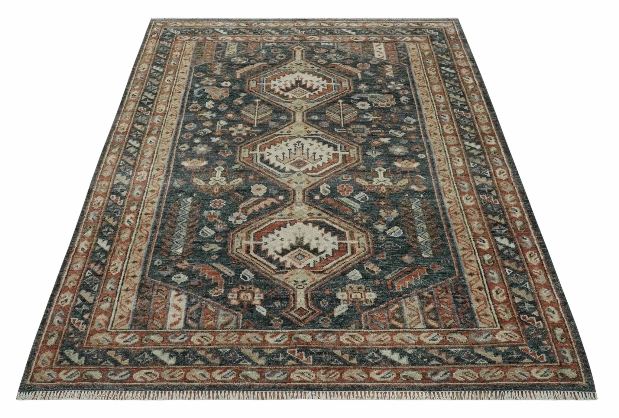 Antique Style Charcoal, Beige and Rust Hand knotted Custom Made wool Area Rug - Image 10