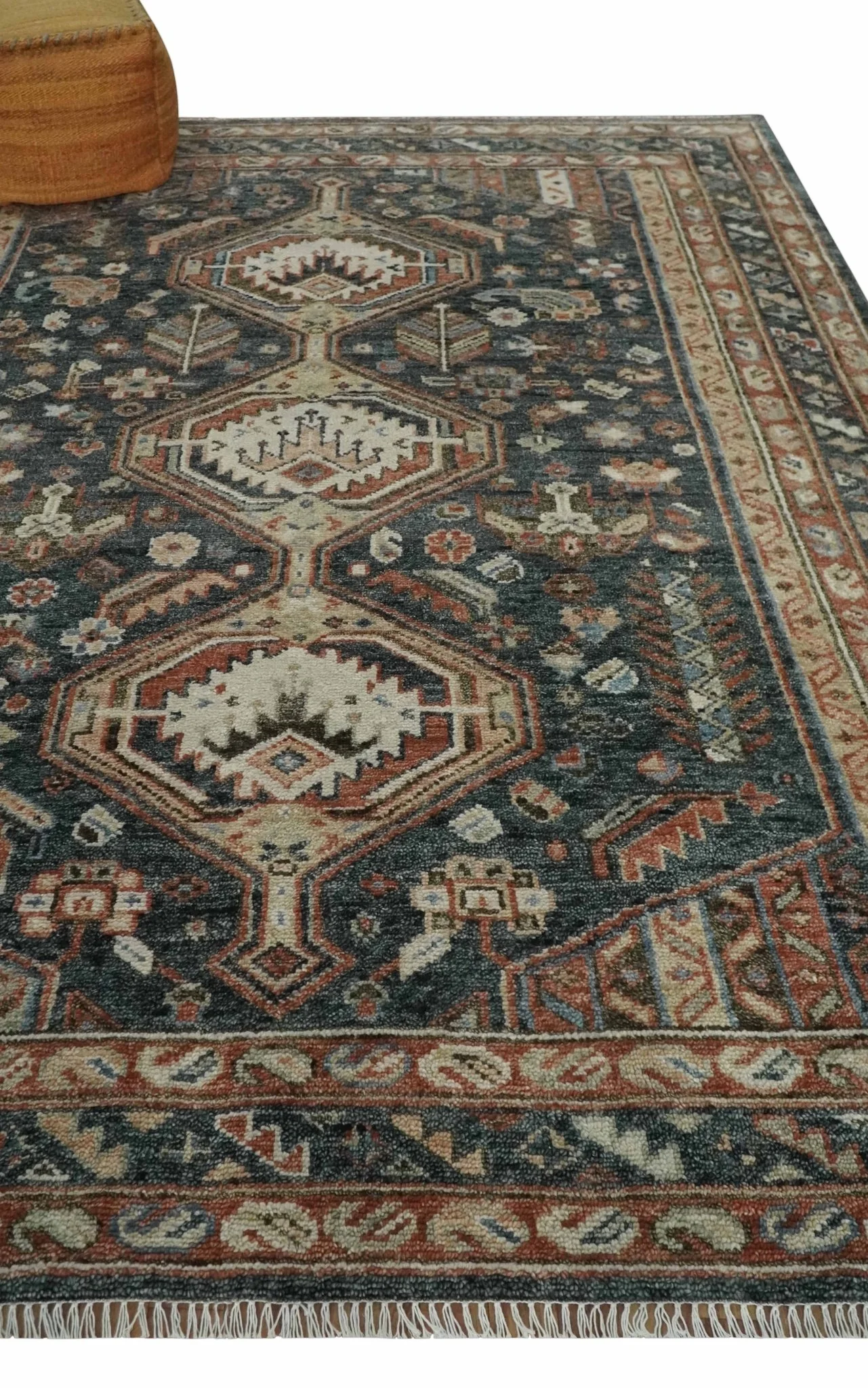 Antique Style Charcoal, Beige and Rust Hand knotted Custom Made wool Area Rug - Image 3