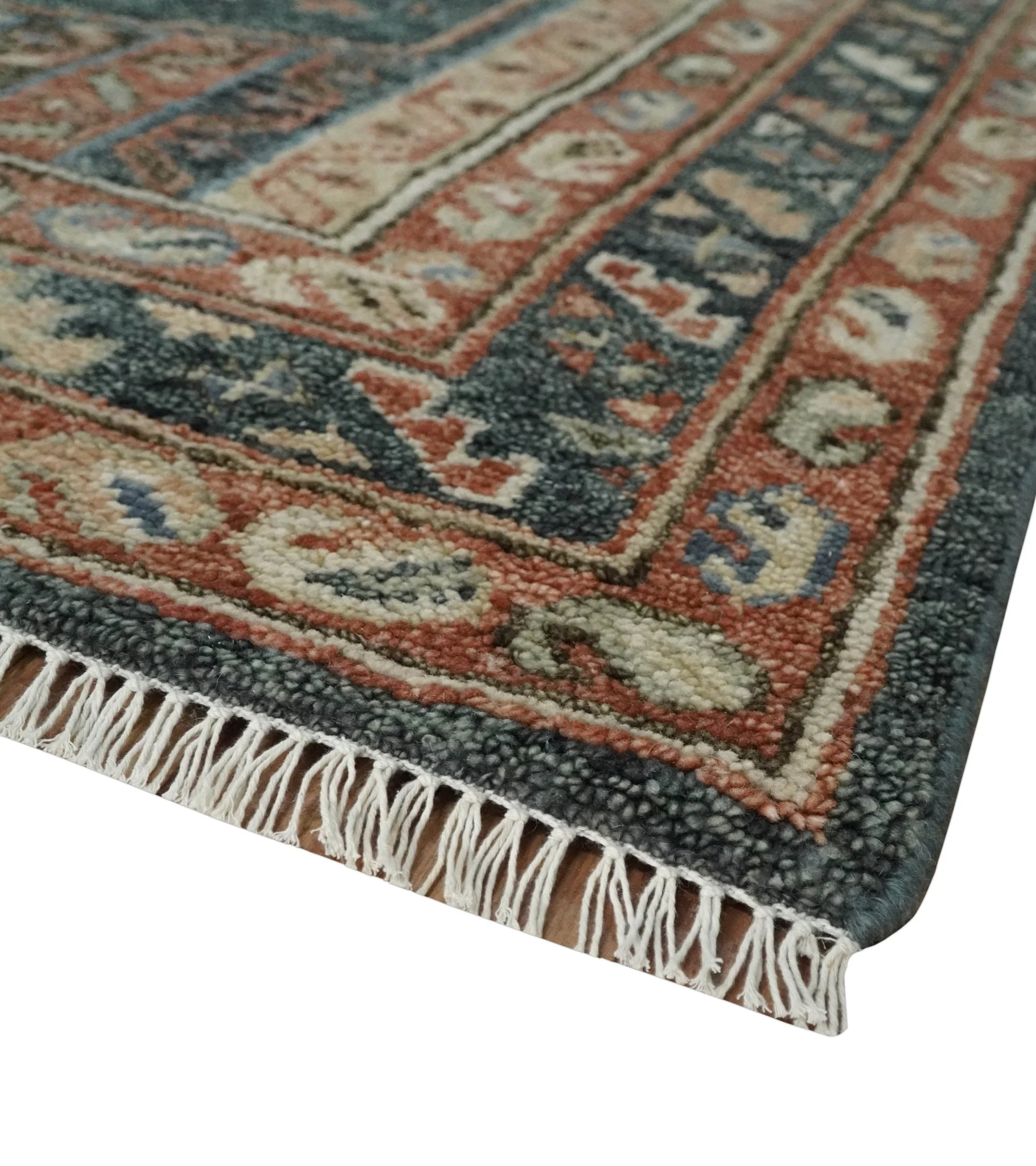 Antique Style Charcoal, Beige and Rust Hand knotted Custom Made wool Area Rug - Image 5