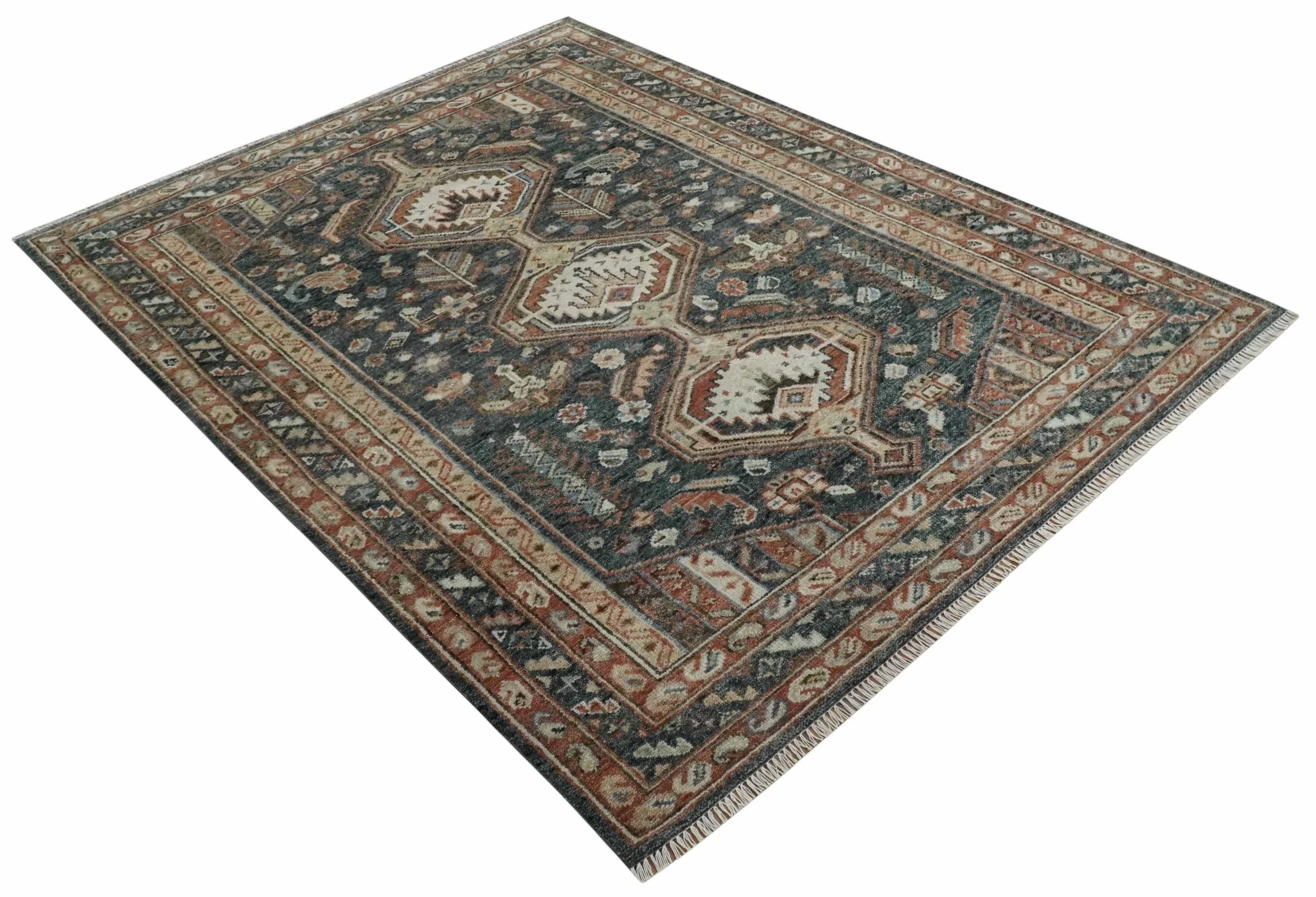 Antique Style Charcoal, Beige and Rust Hand knotted Custom Made wool Area Rug - Image 9