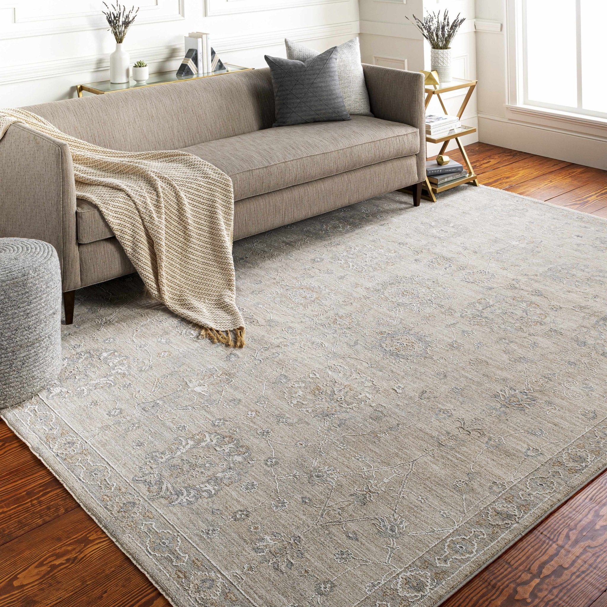Antique Look Floral Beige and Charcoal Traditional Design Area Rug - Image 5