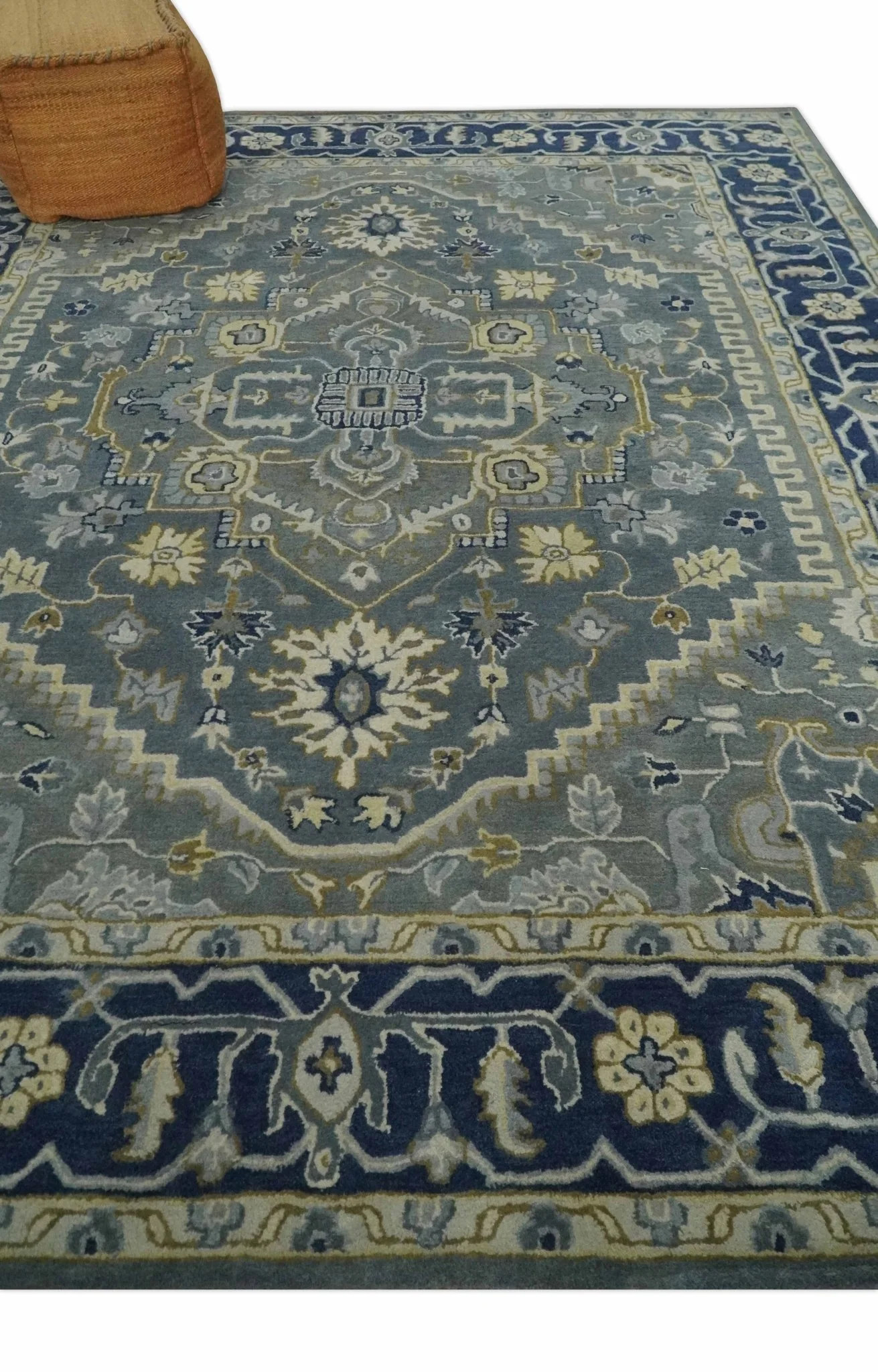 Custom Made Antique Style Gray, Blue and Beige Hand Tufted Traditional wool Area Rug - Image 3