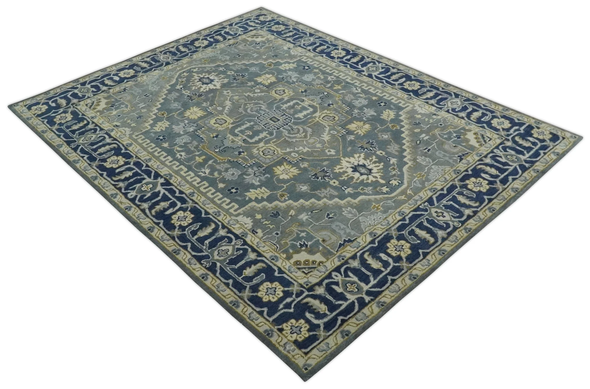 Custom Made Antique Style Gray, Blue and Beige Hand Tufted Traditional wool Area Rug - Image 8