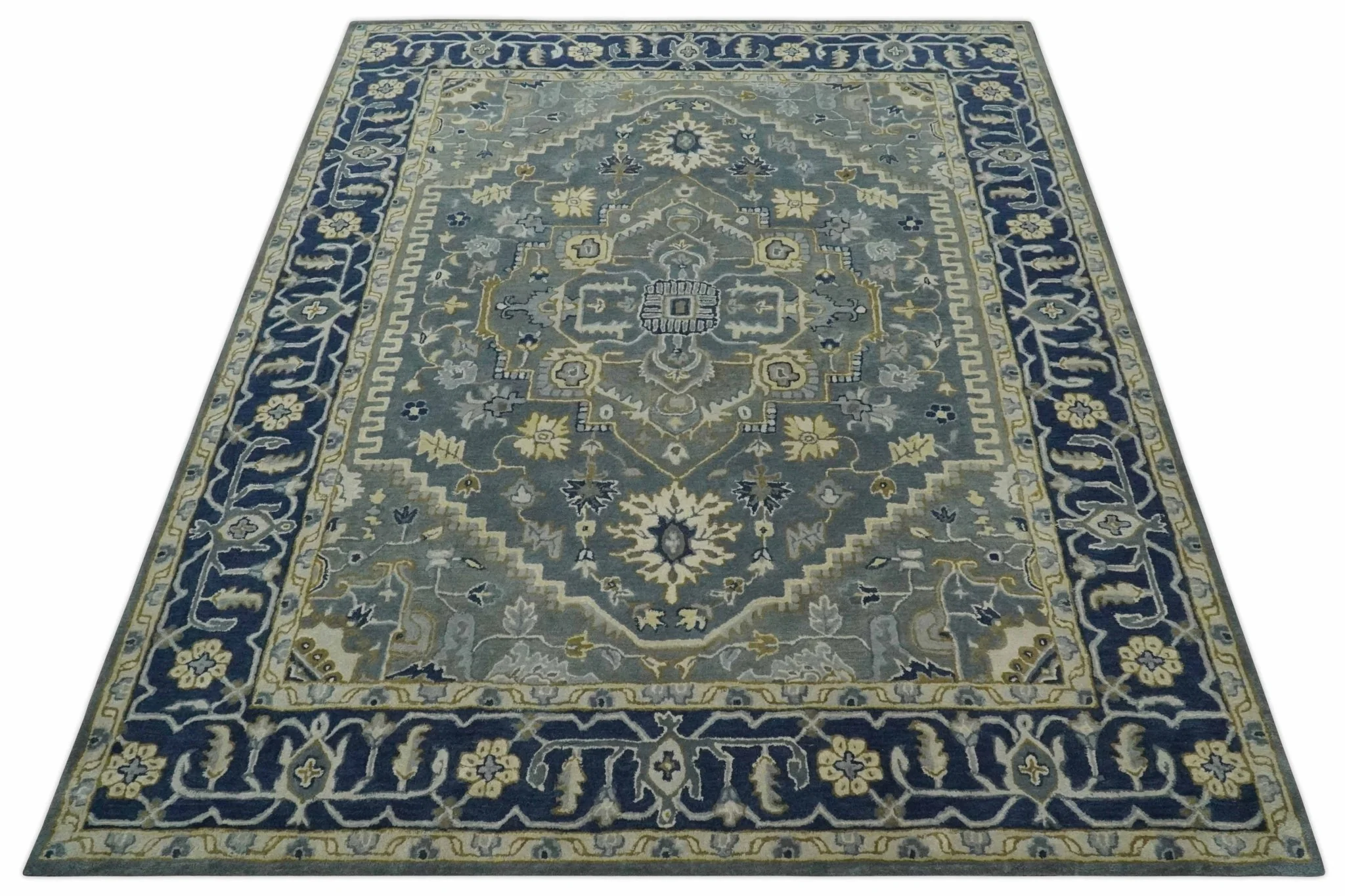 Custom Made Antique Style Gray, Blue and Beige Hand Tufted Traditional wool Area Rug - Image 9