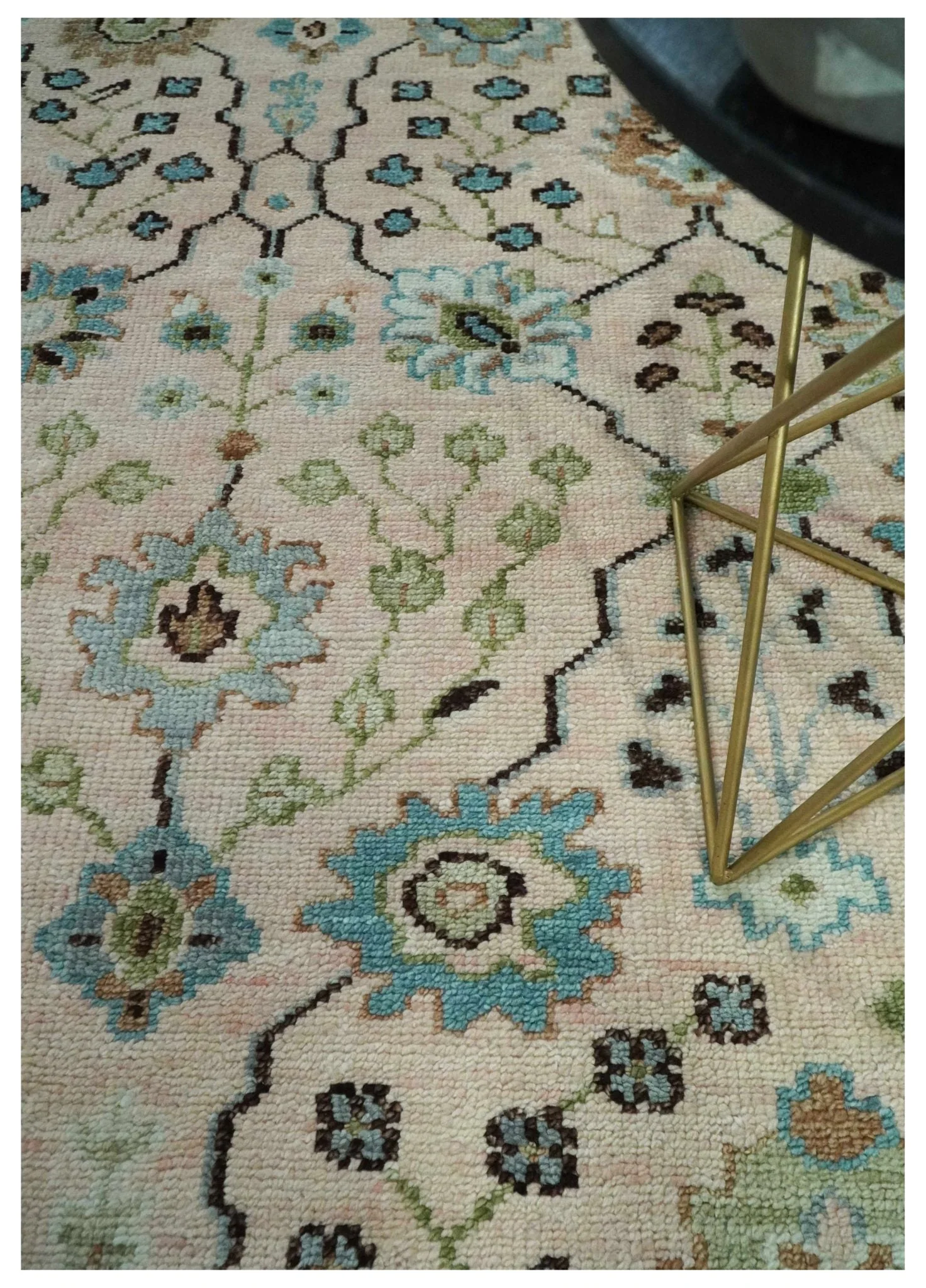Antique Style floral Hand knotted Peach Pink and Green Custom Made Wool Area Rug - Image 2