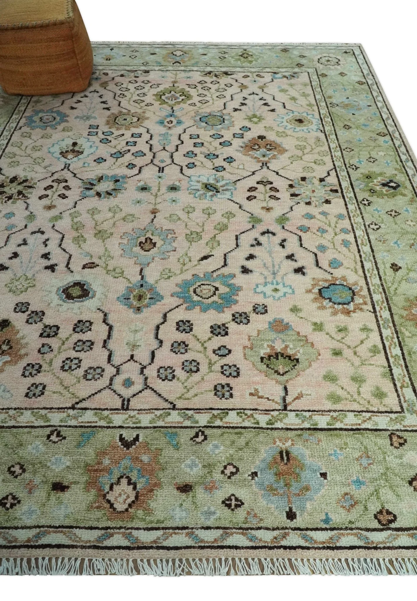 Antique Style floral Hand knotted Peach Pink and Green Custom Made Wool Area Rug - Image 3