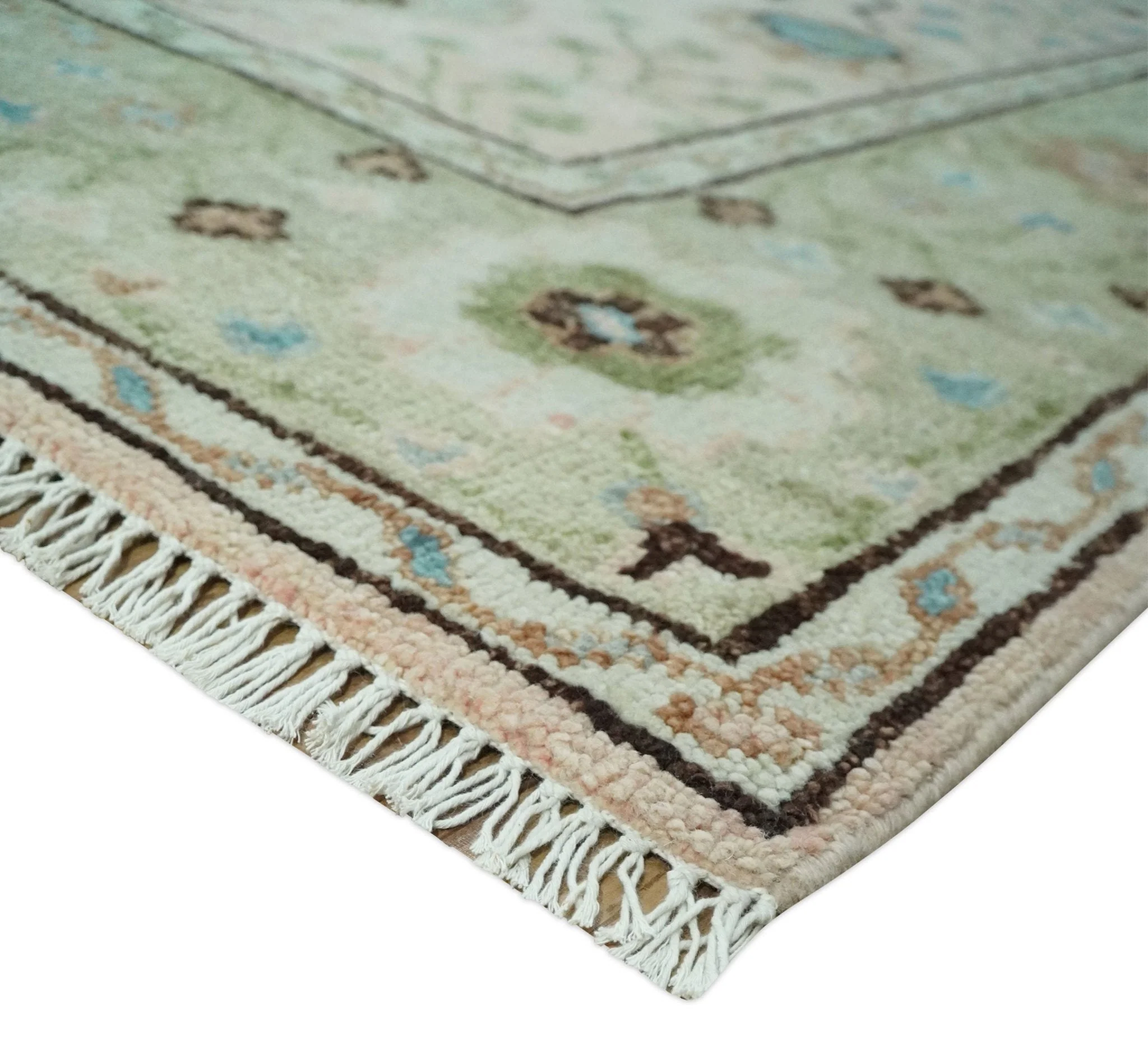 Antique Style floral Hand knotted Peach Pink and Green Custom Made Wool Area Rug - Image 5