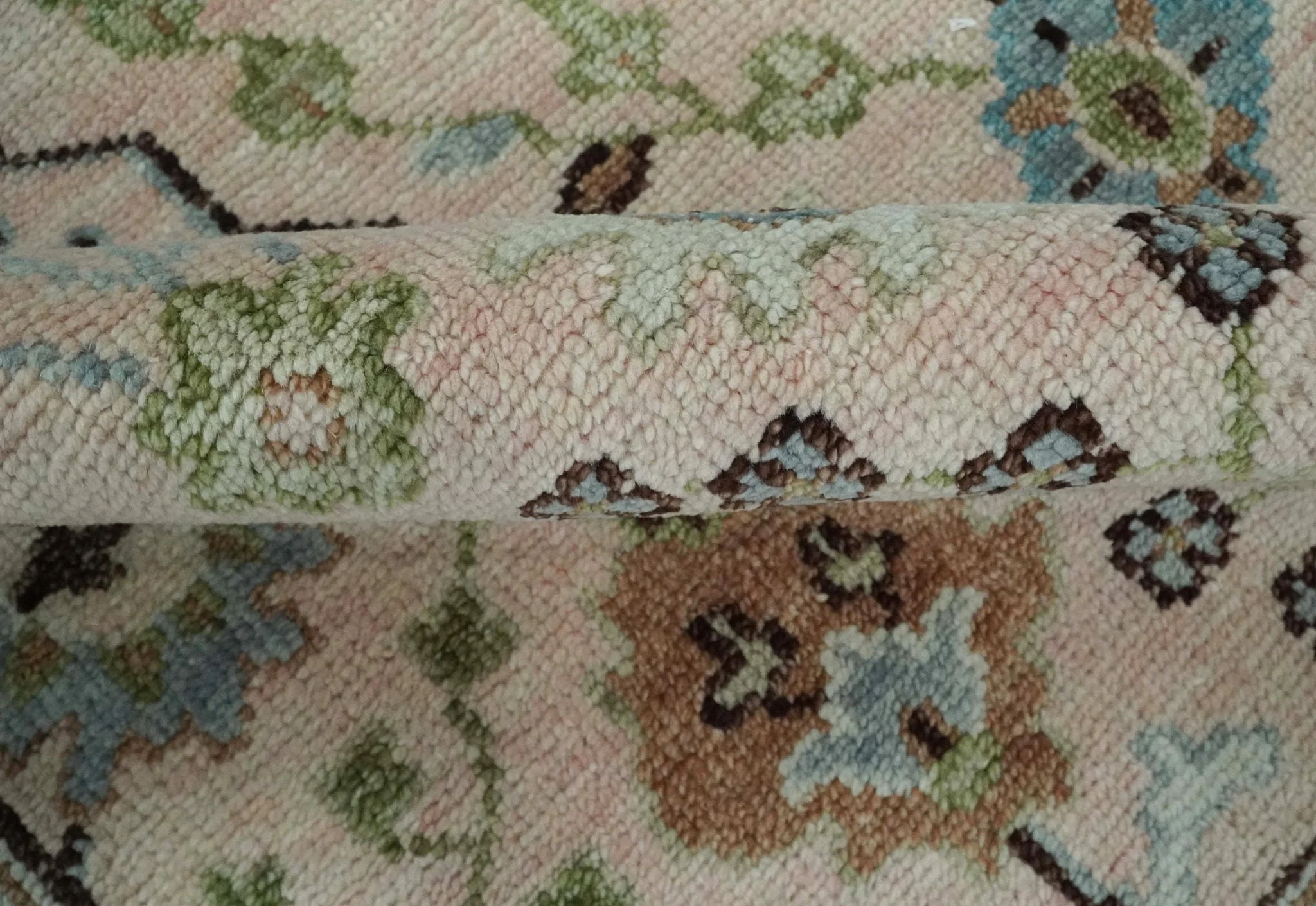 Antique Style floral Hand knotted Peach Pink and Green Custom Made Wool Area Rug - Image 6