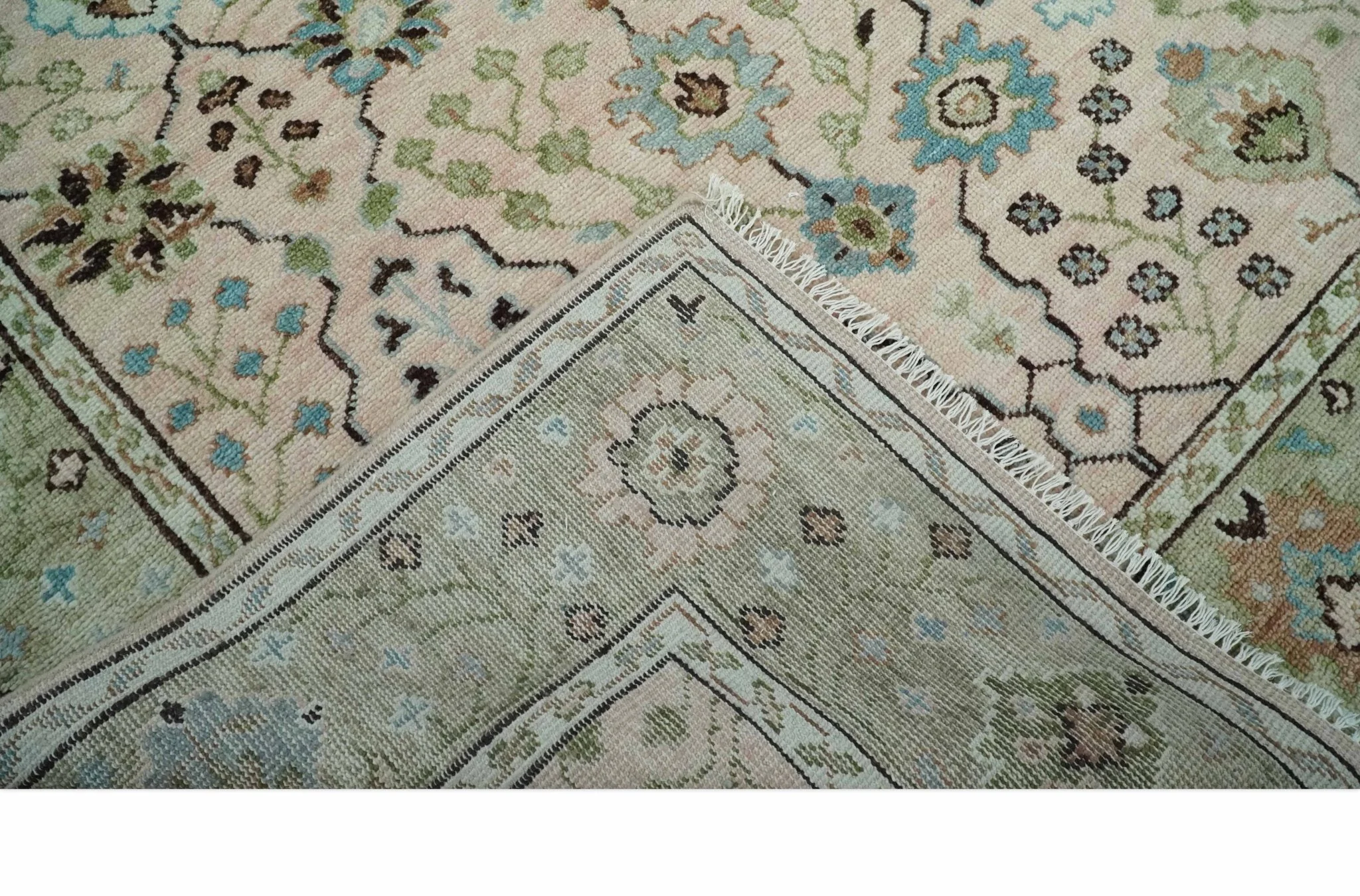Antique Style floral Hand knotted Peach Pink and Green Custom Made Wool Area Rug - Image 7