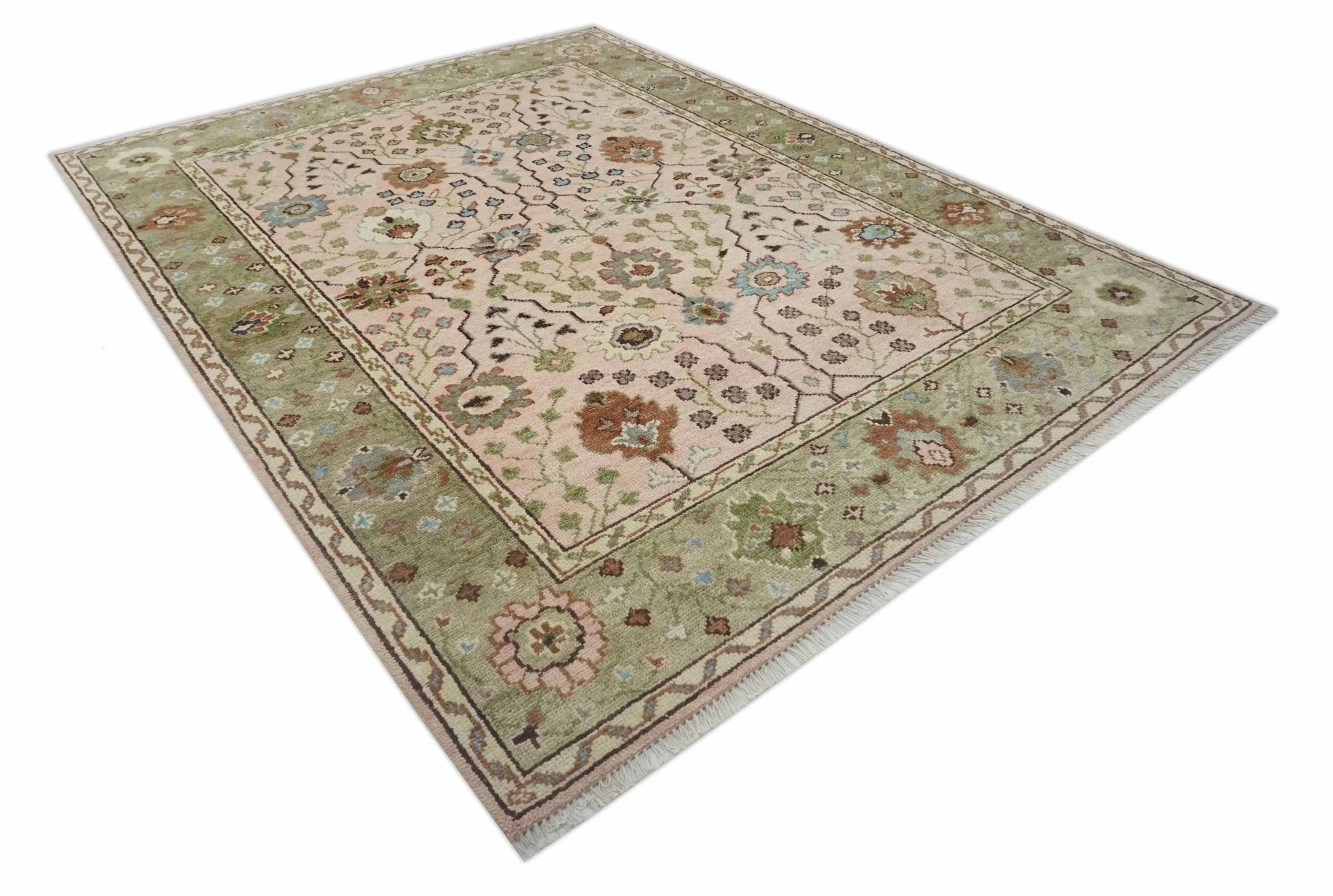 Antique Style floral Hand knotted Peach Pink and Green Custom Made Wool Area Rug - Image 8