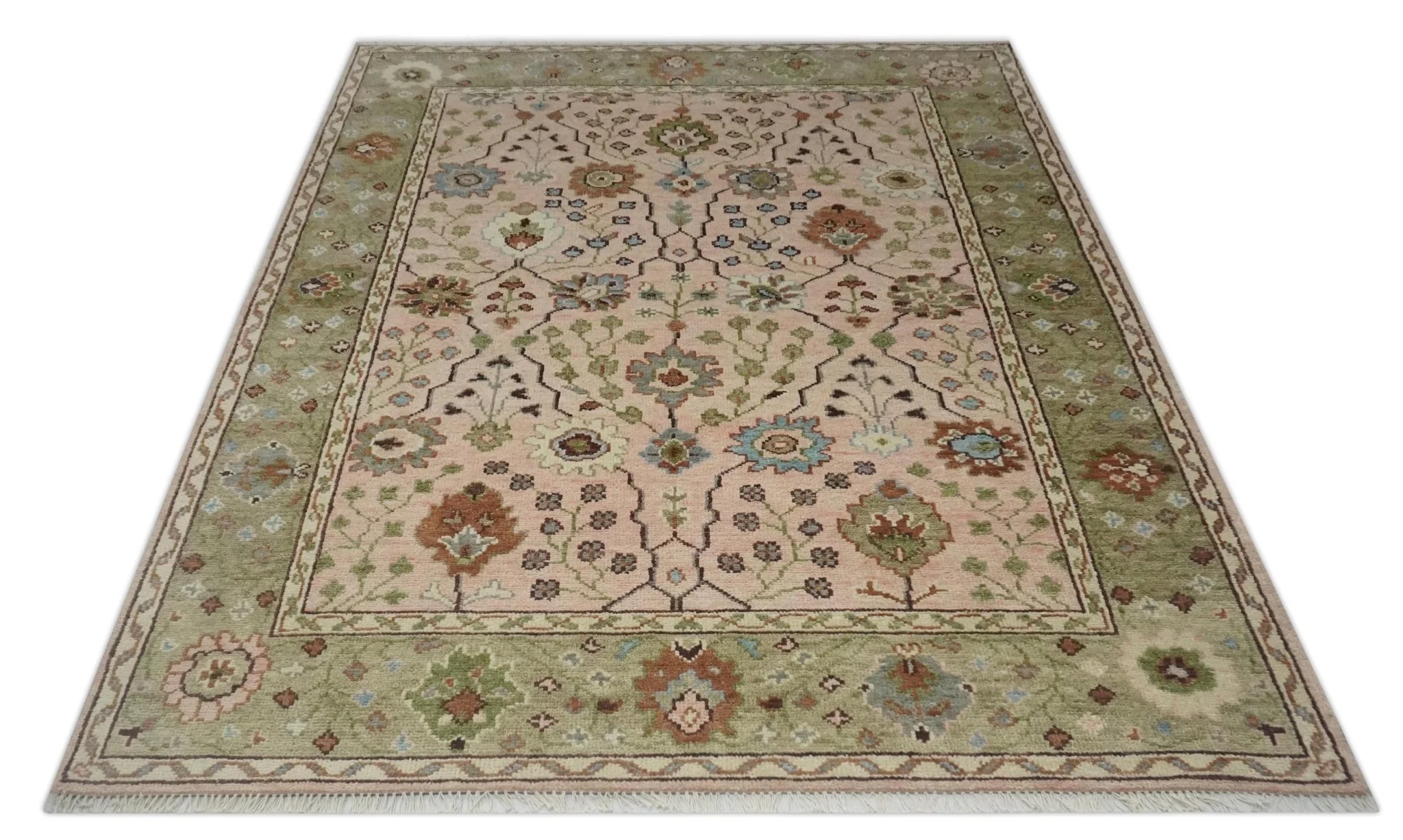Antique Style floral Hand knotted Peach Pink and Green Custom Made Wool Area Rug - Image 9