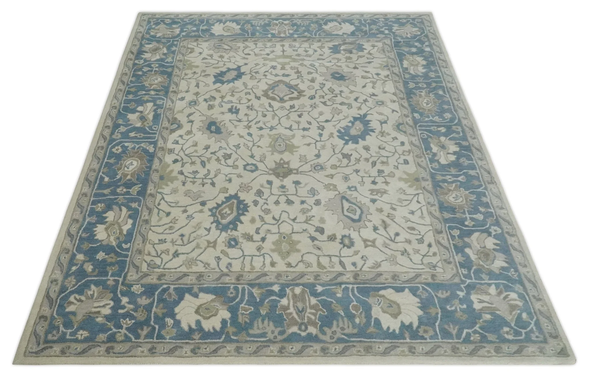 Custom Made Tufted Beige and Blue Traditional Wool Oushak Rug - Image 10