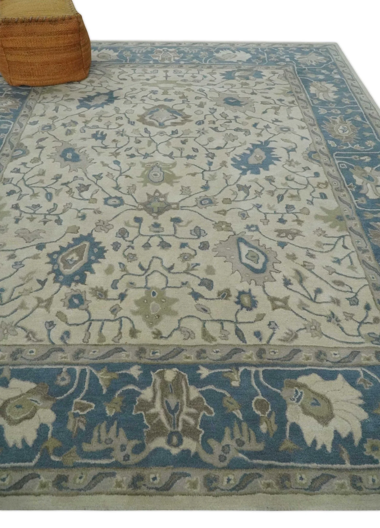 Custom Made Tufted Beige and Blue Traditional Wool Oushak Rug - Image 3