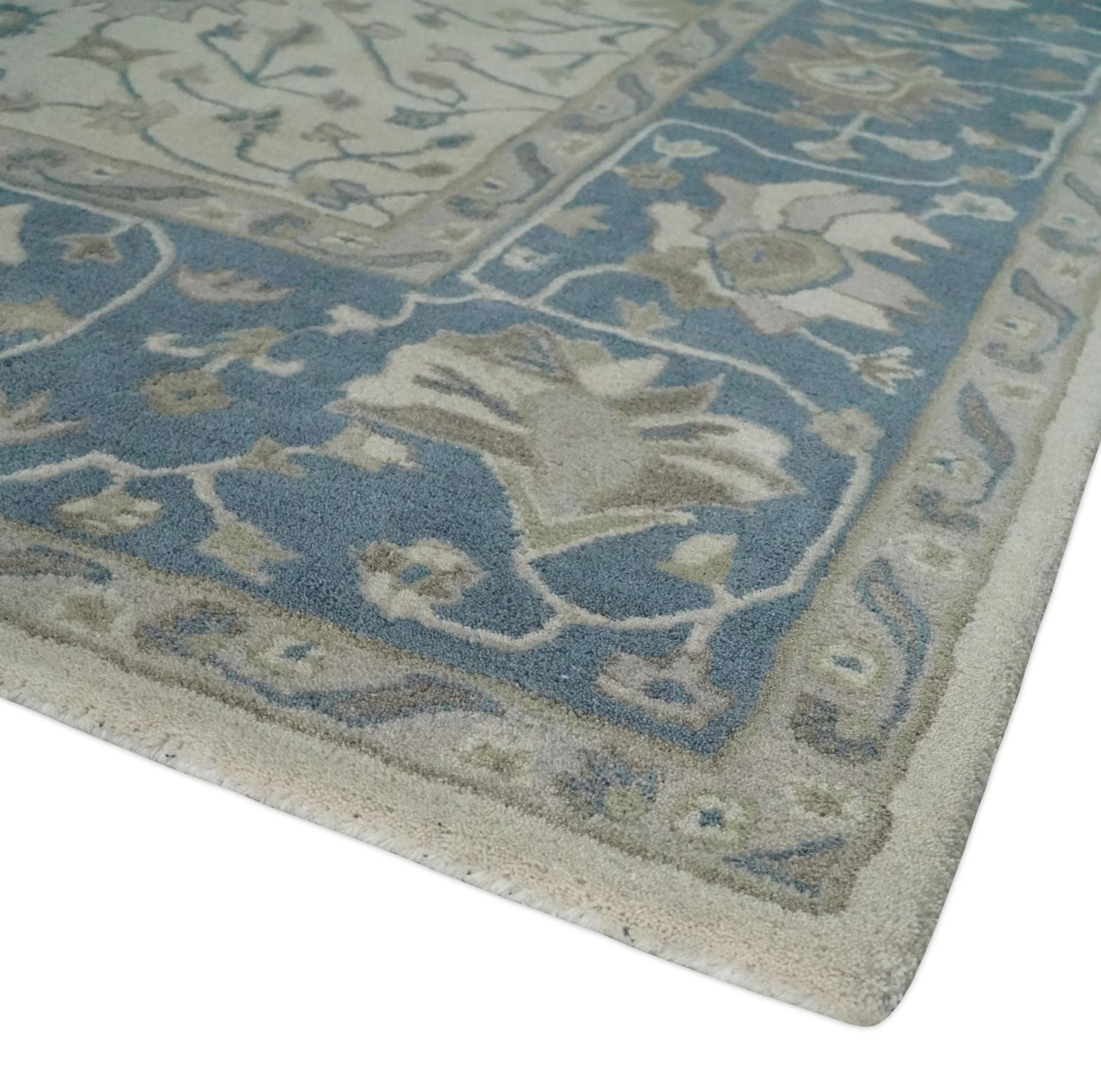 Custom Made Tufted Beige and Blue Traditional Wool Oushak Rug - Image 5