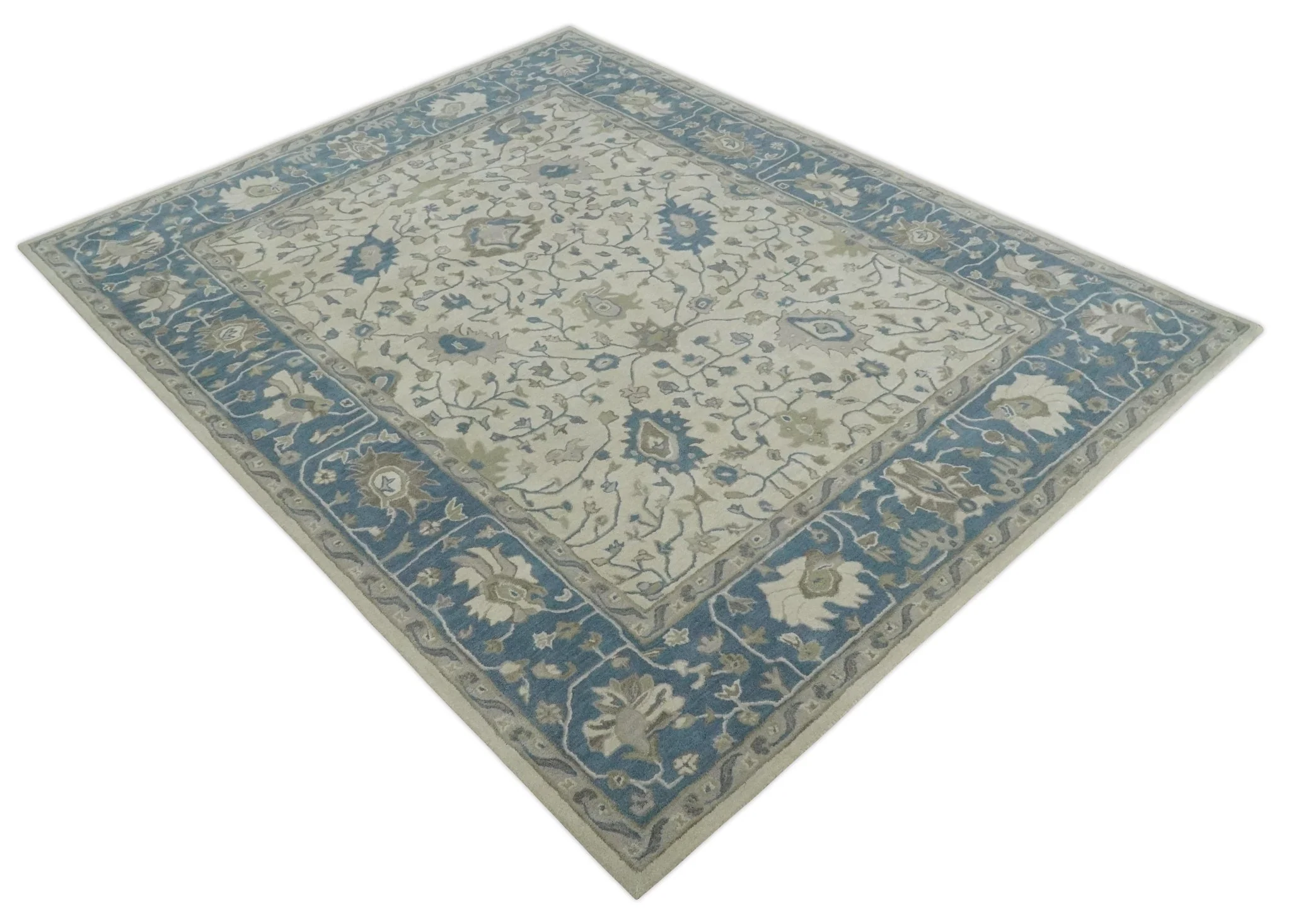 Floral 8x10 Hand Tufted Beige and Blue Modern Oushak Rug - Image 9