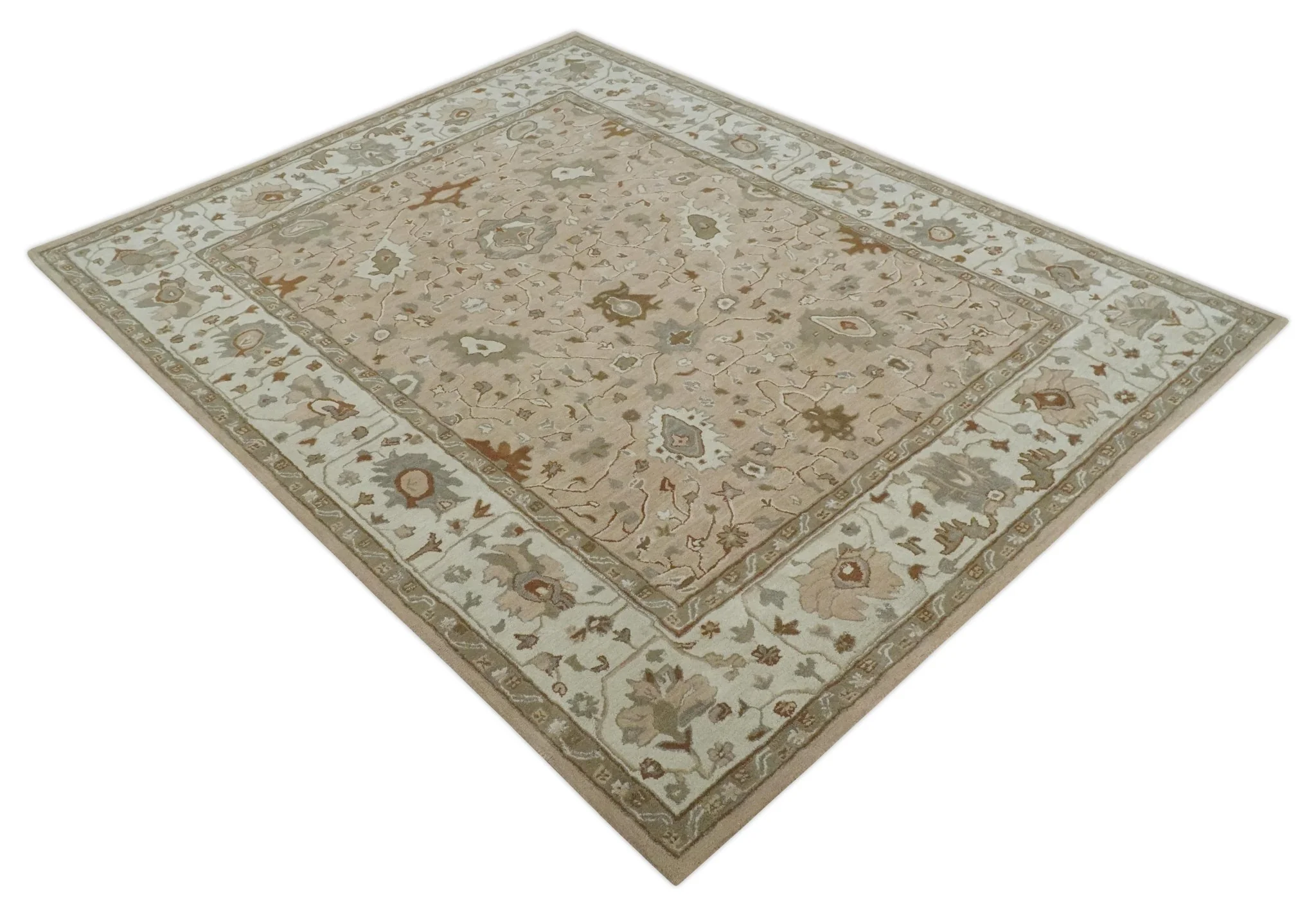 Custom Made Oushak Design Tufted Peach, Ivory and Olive Traditional Rug - Image 7