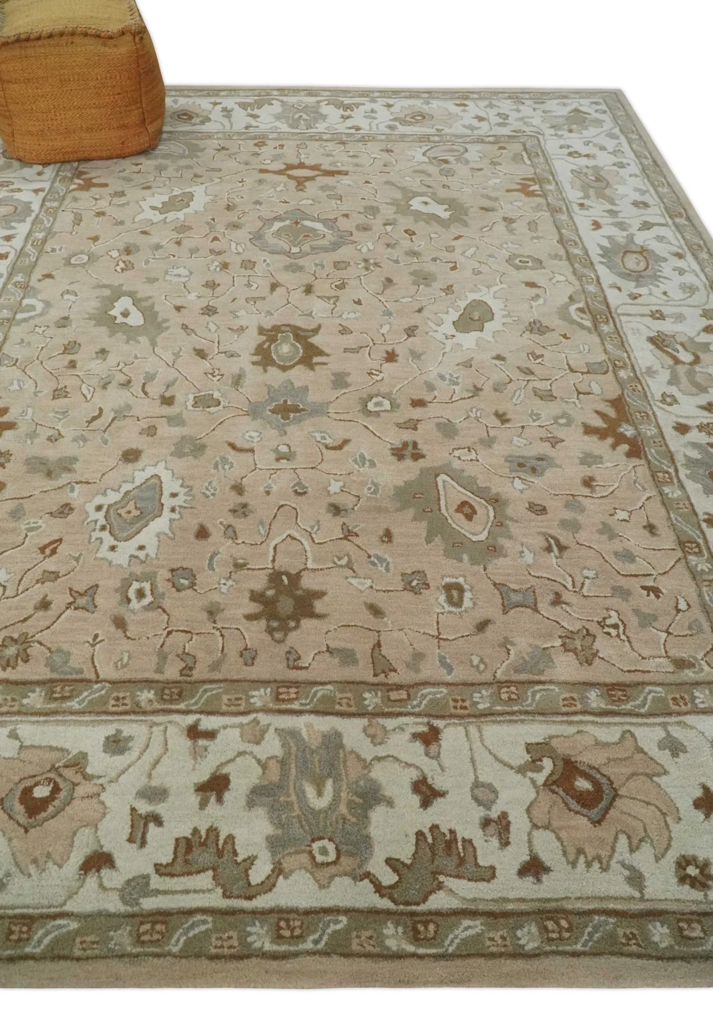 Floral 8x10 Hand Tufted Peach, Ivory and Olive Modern Oushak Rug - Image 3