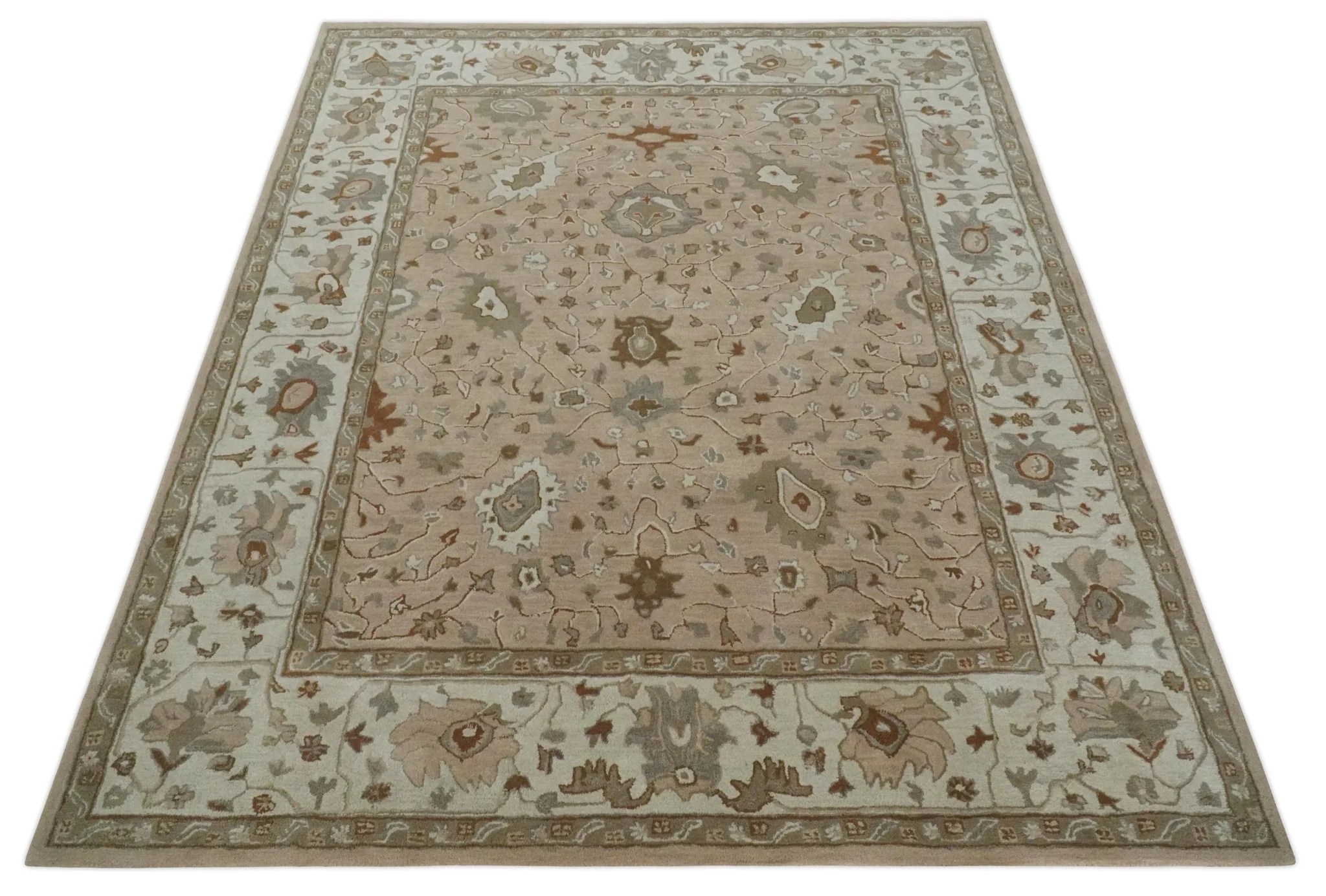 Floral 8x10 Hand Tufted Peach, Ivory and Olive Modern Oushak Rug - Image 8