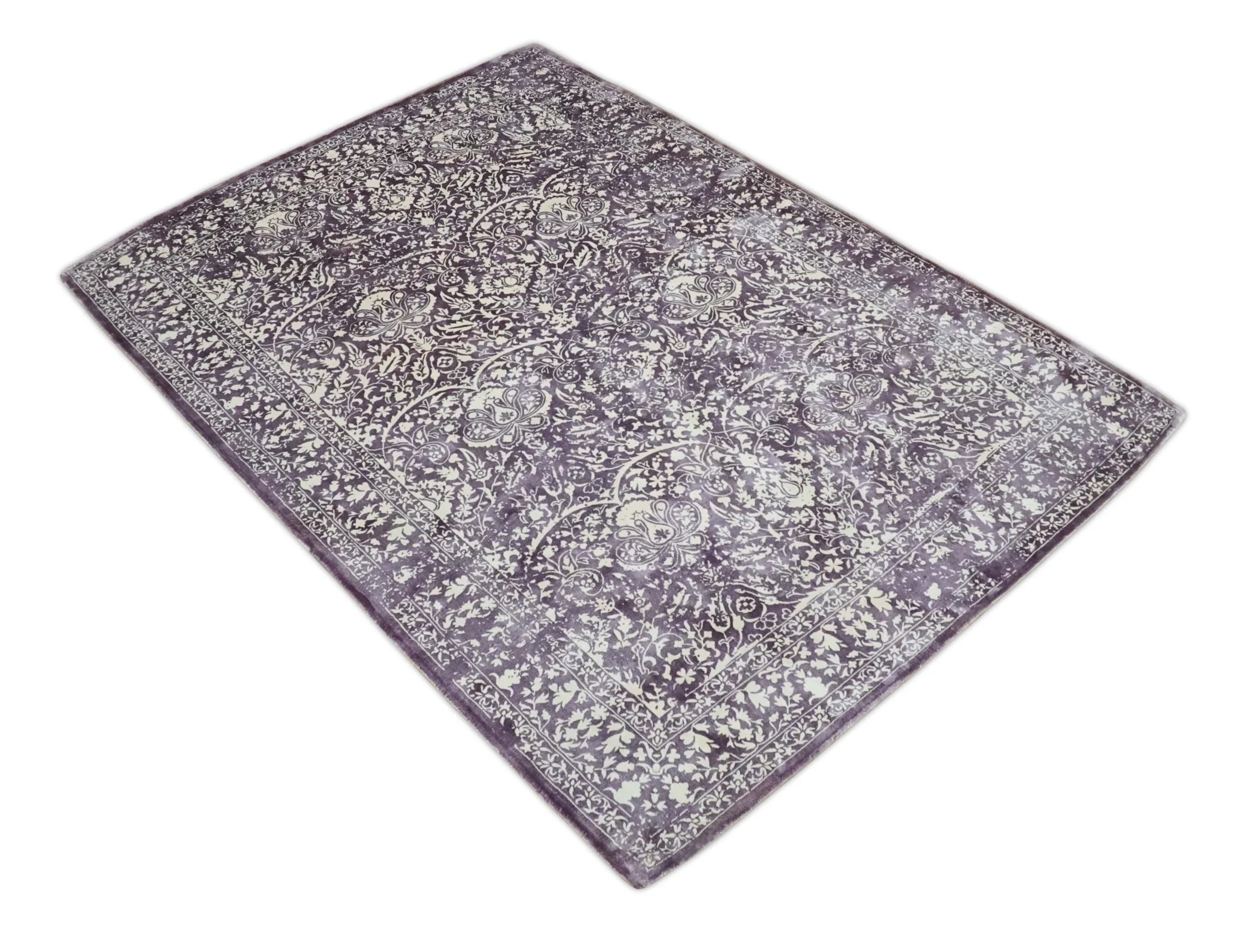 Premium Style Floral Ivory and Dark Purple 5.6x8 Handloom Wool and Viscose Area Rug - Image 10