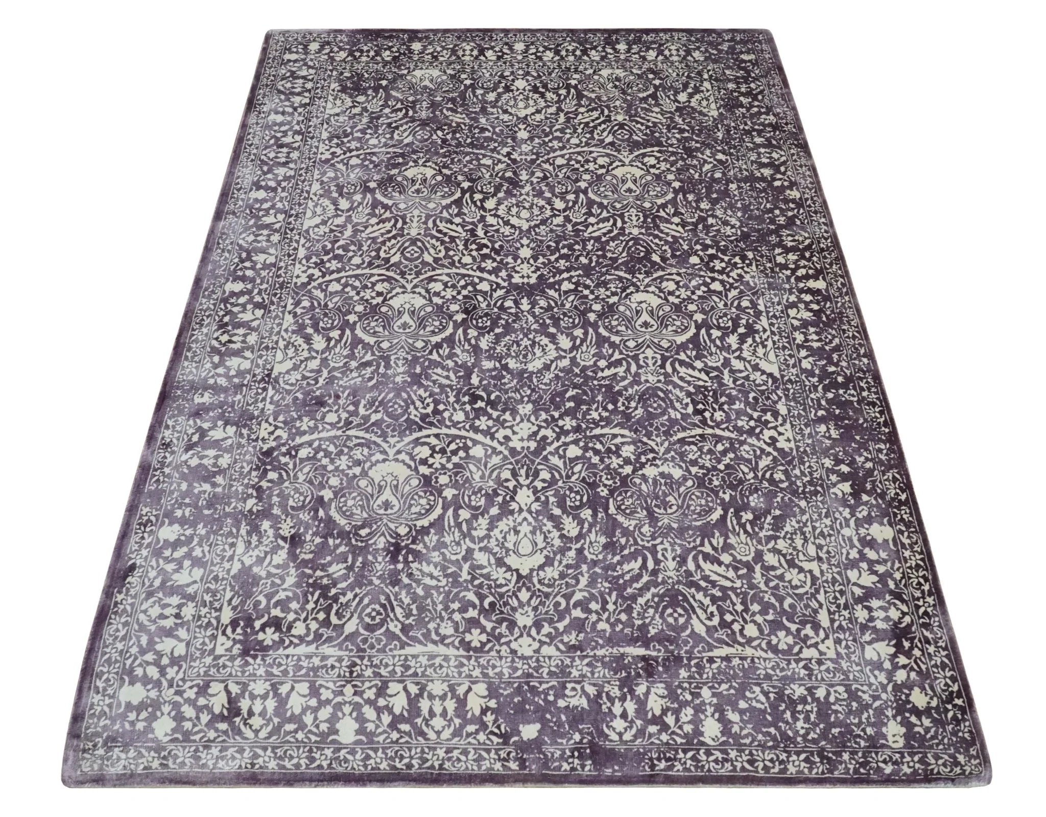 Premium Style Floral Ivory and Dark Purple 5.6x8 Handloom Wool and Viscose Area Rug - Image 11