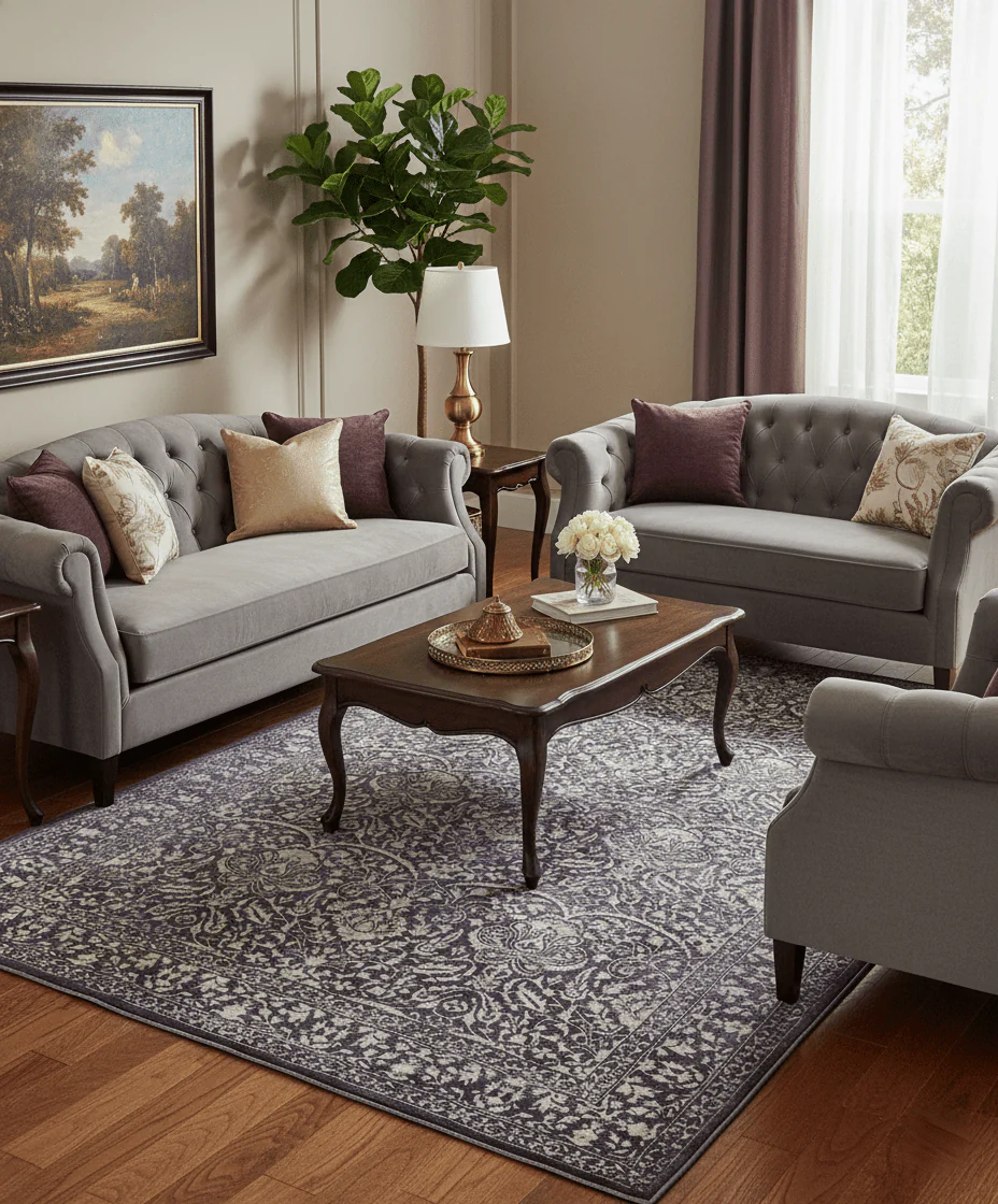Premium Style Floral Ivory and Dark Purple 5.6x8 Handloom Wool and Viscose Area Rug - Image 2