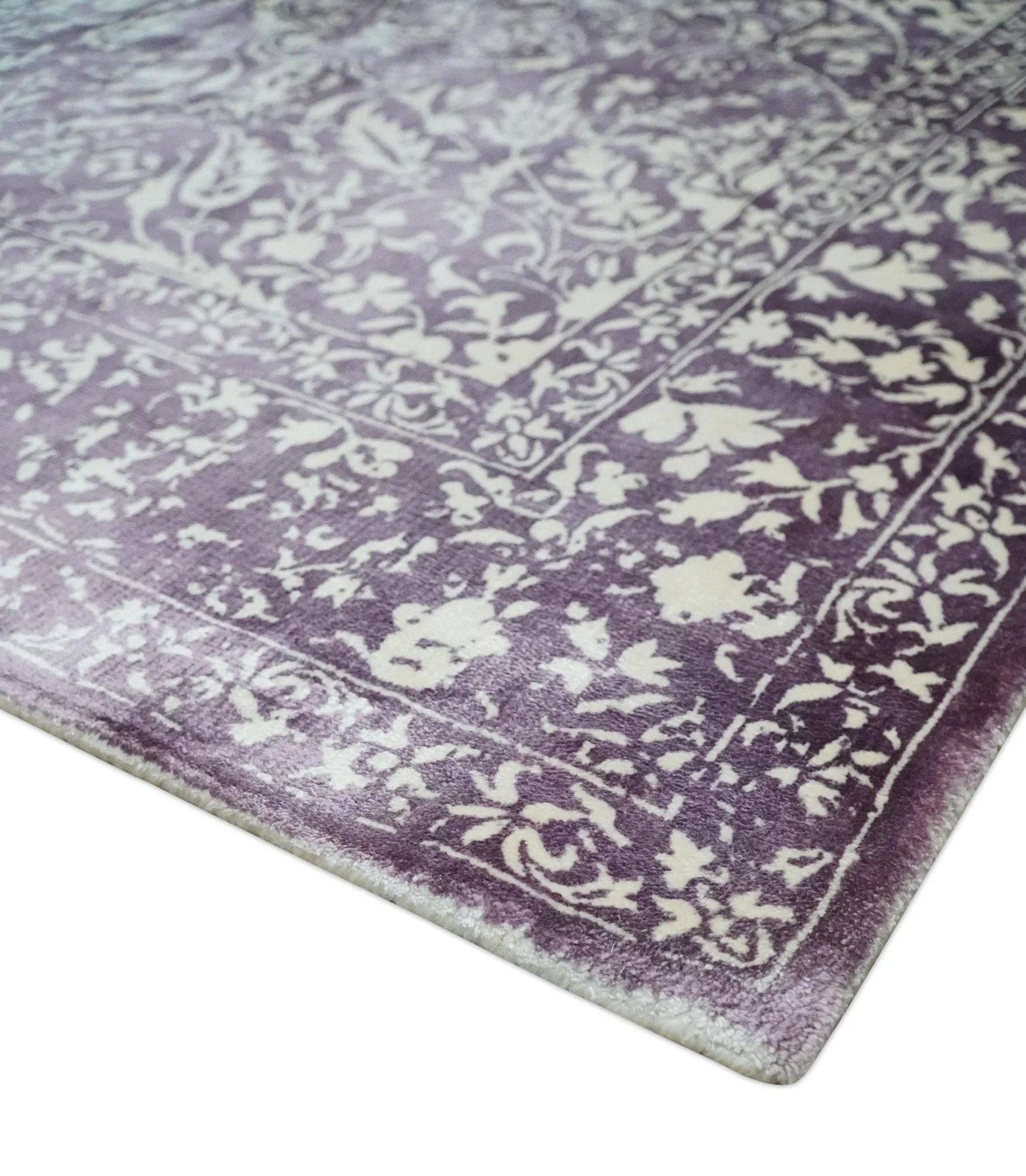 Premium Style Floral Ivory and Dark Purple 5.6x8 Handloom Wool and Viscose Area Rug - Image 6
