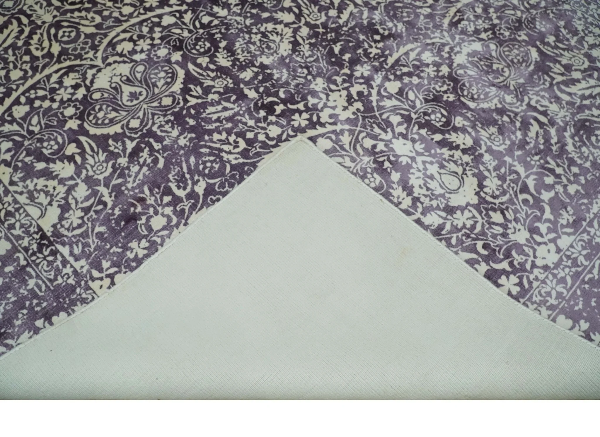 Premium Style Floral Ivory and Dark Purple 5.6x8 Handloom Wool and Viscose Area Rug - Image 8