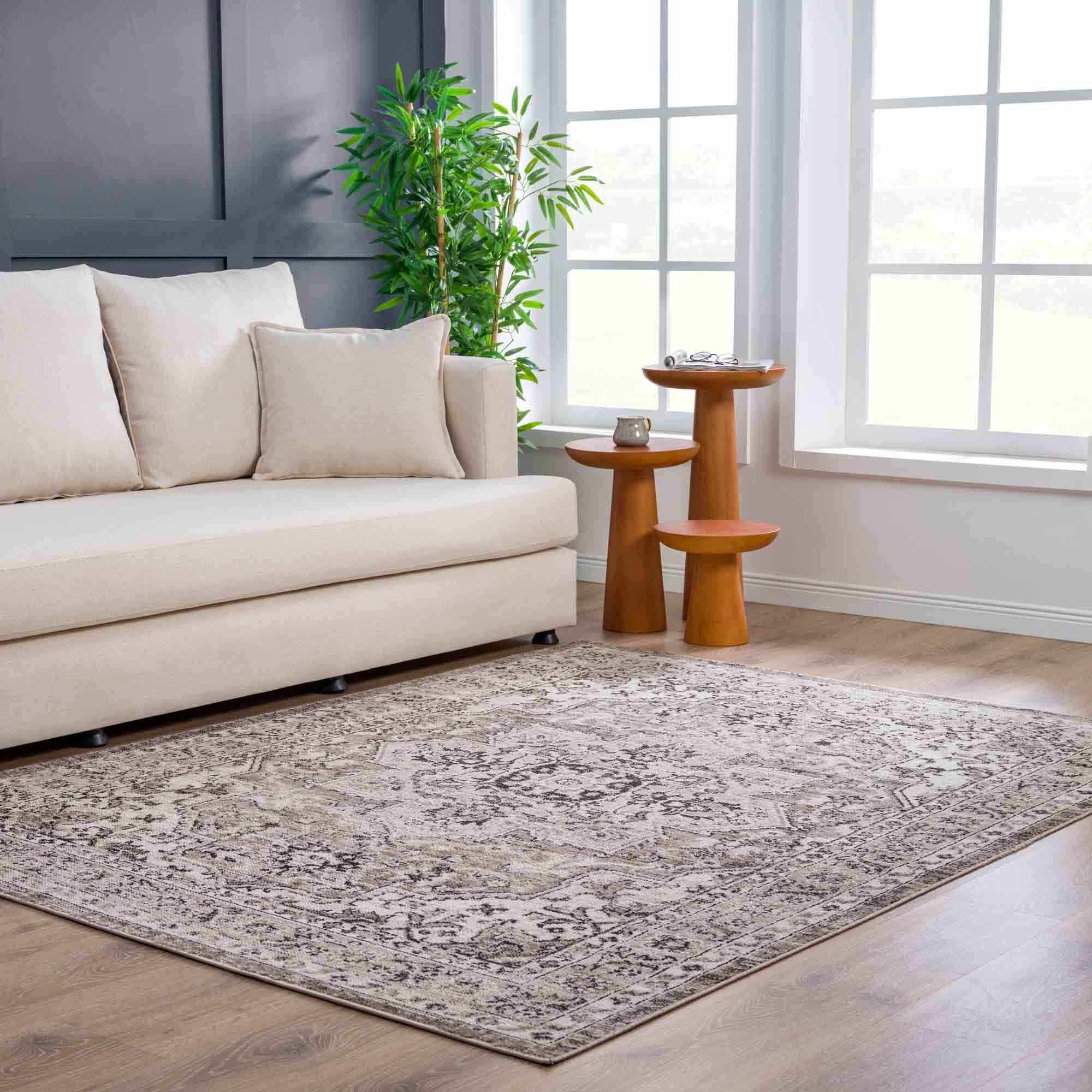 Medallion Light Pink, Ivory and Charcoal Traditional Heriz design Area Rug - Image 13