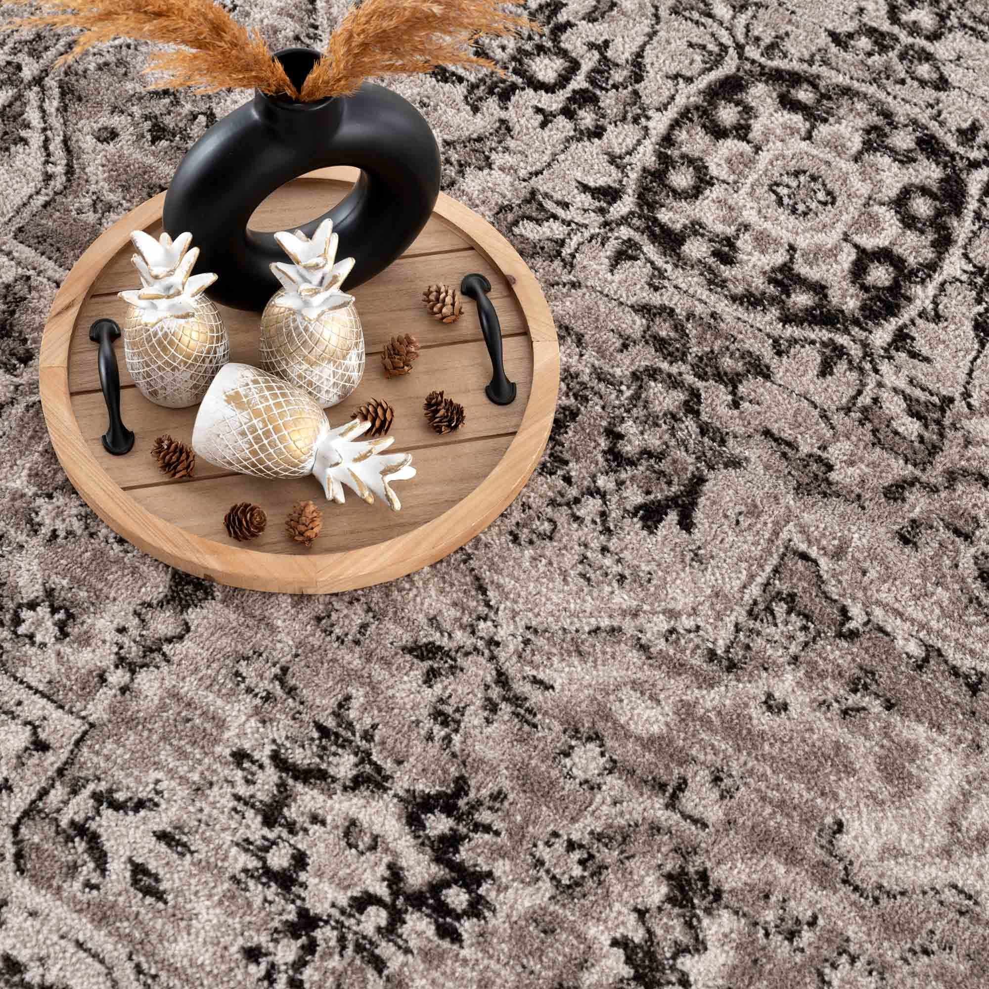 Medallion Light Pink, Ivory and Charcoal Traditional Heriz design Area Rug - Image 2