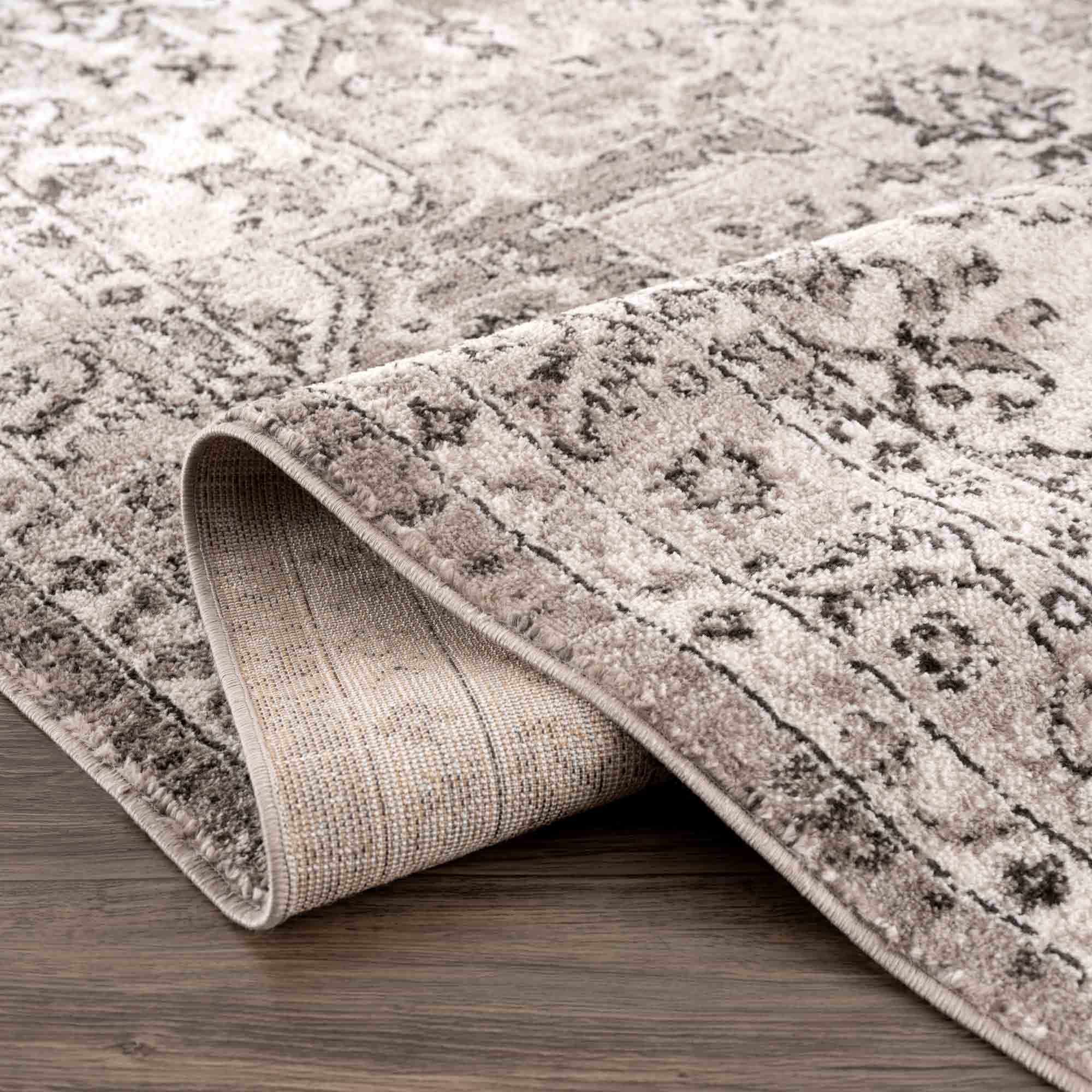 Medallion Light Pink, Ivory and Charcoal Traditional Heriz design Area Rug - Image 8