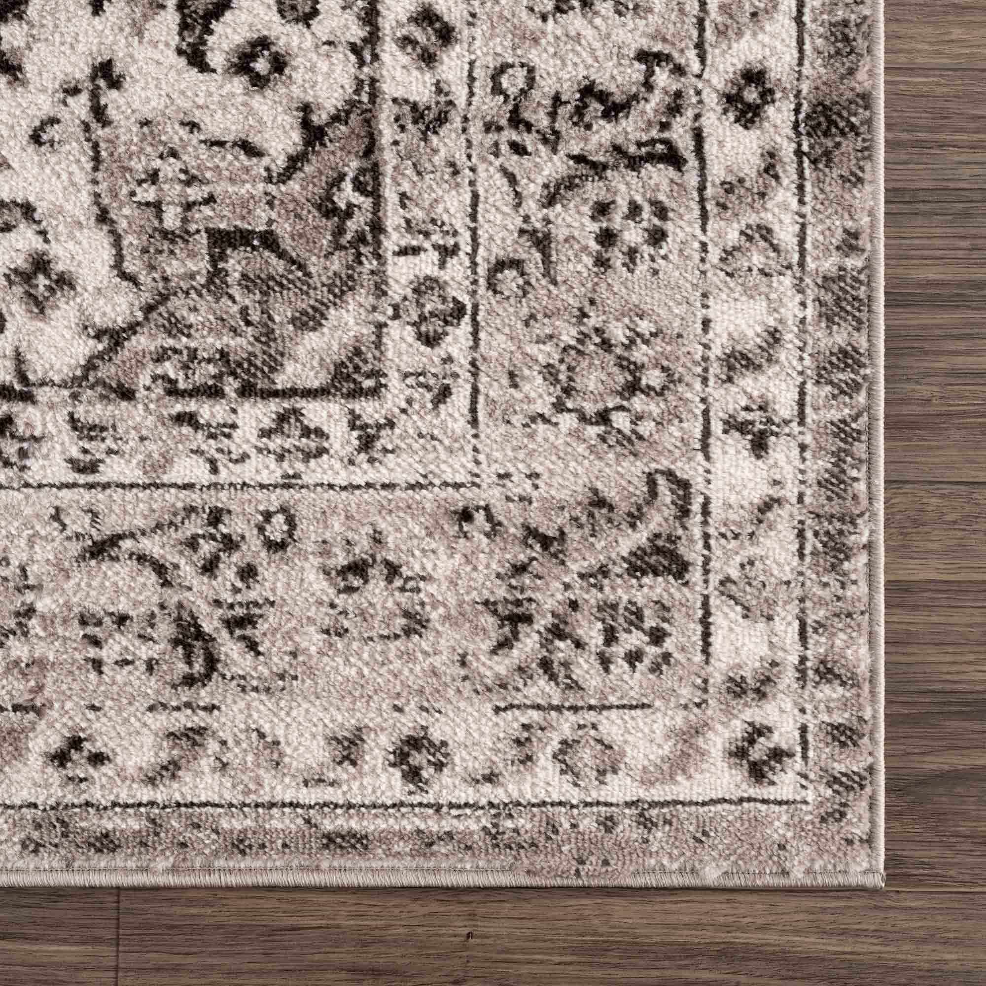 Medallion Light Pink, Ivory and Charcoal Traditional Heriz design Area Rug - Image 9
