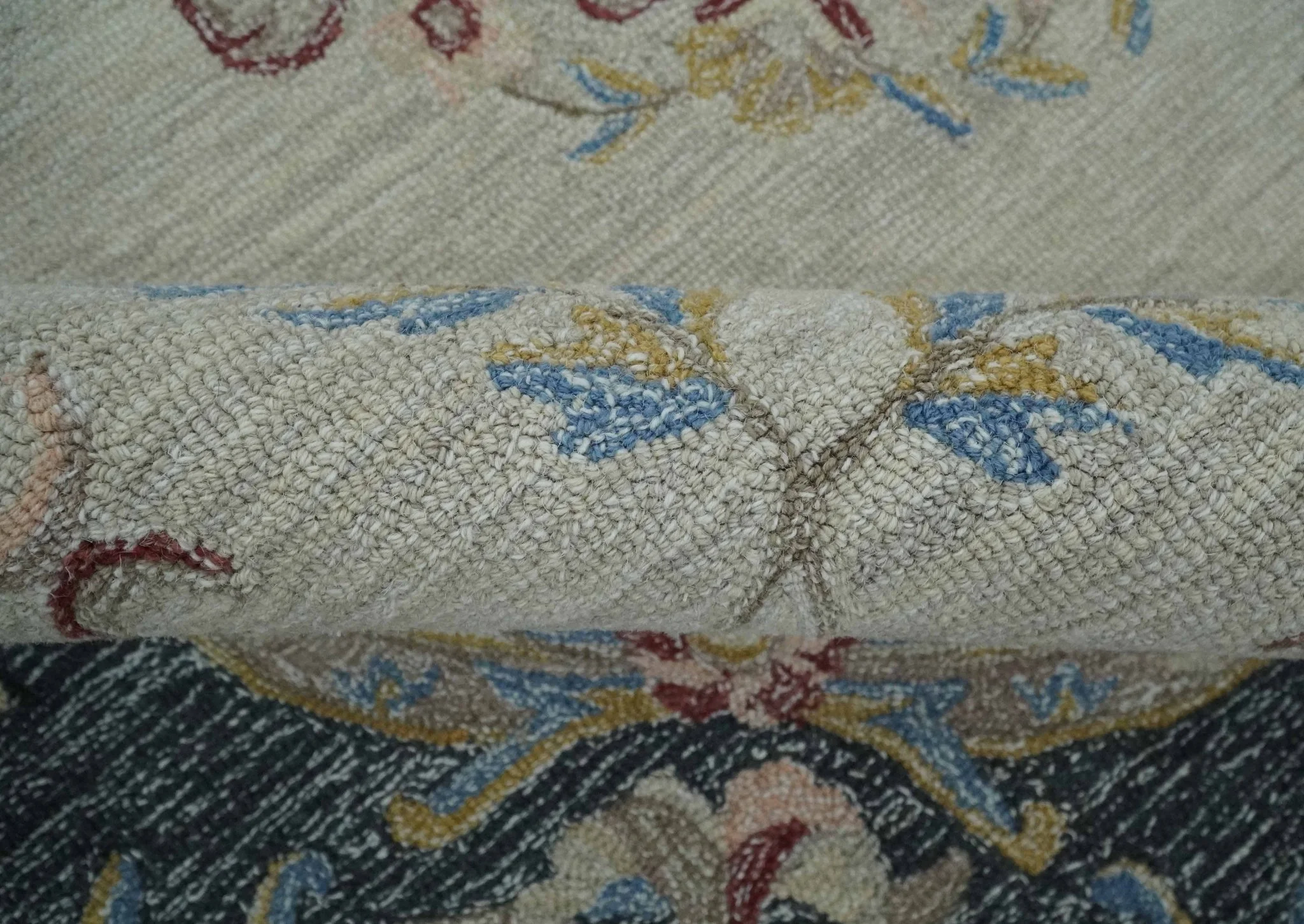 Custom Made Beige and Charcoal Aubusson French design Hand Tufted wool Area Rug - Image 6