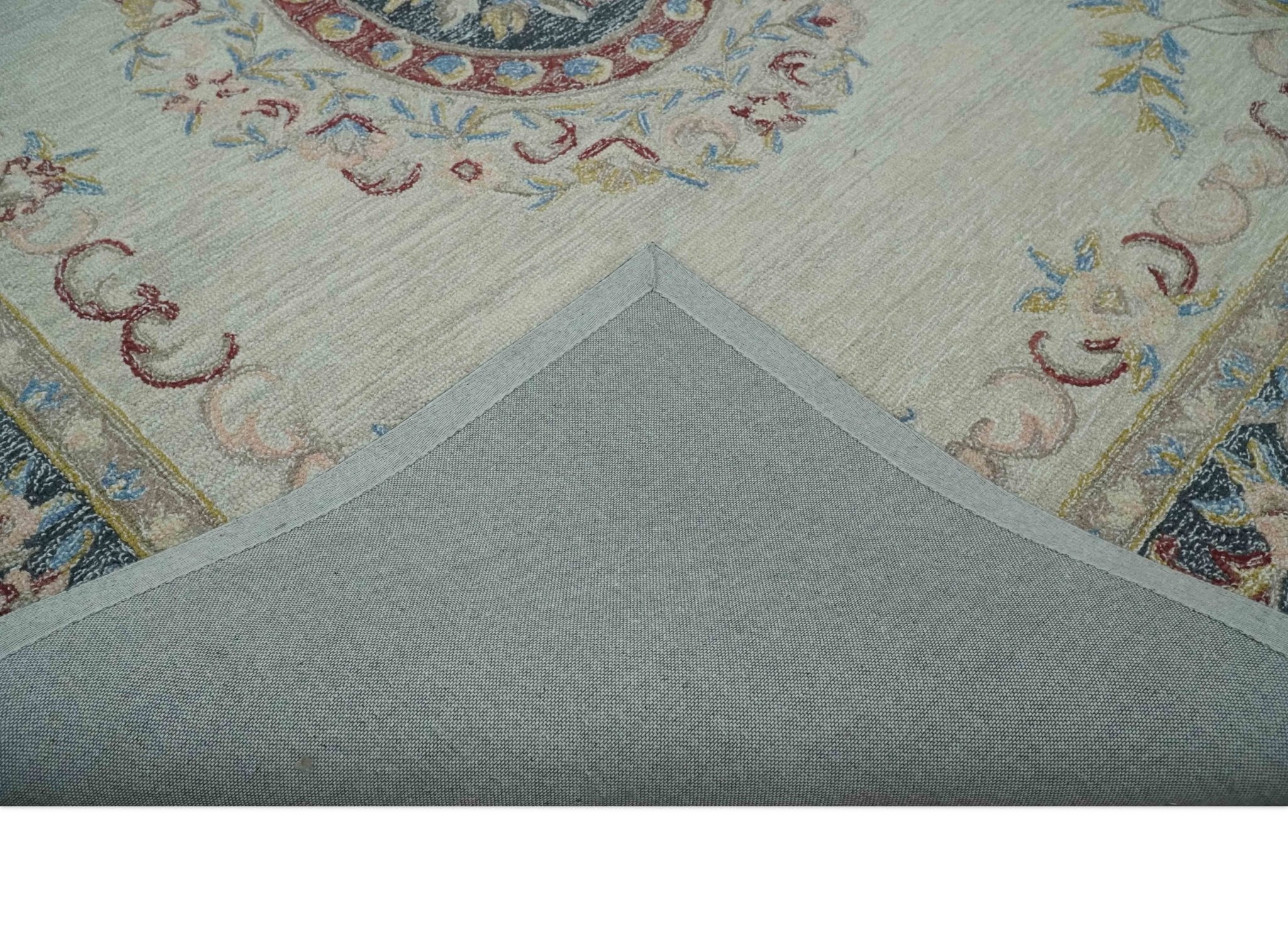 Custom Made Beige and Charcoal Aubusson French design Hand Tufted wool Area Rug - Image 7
