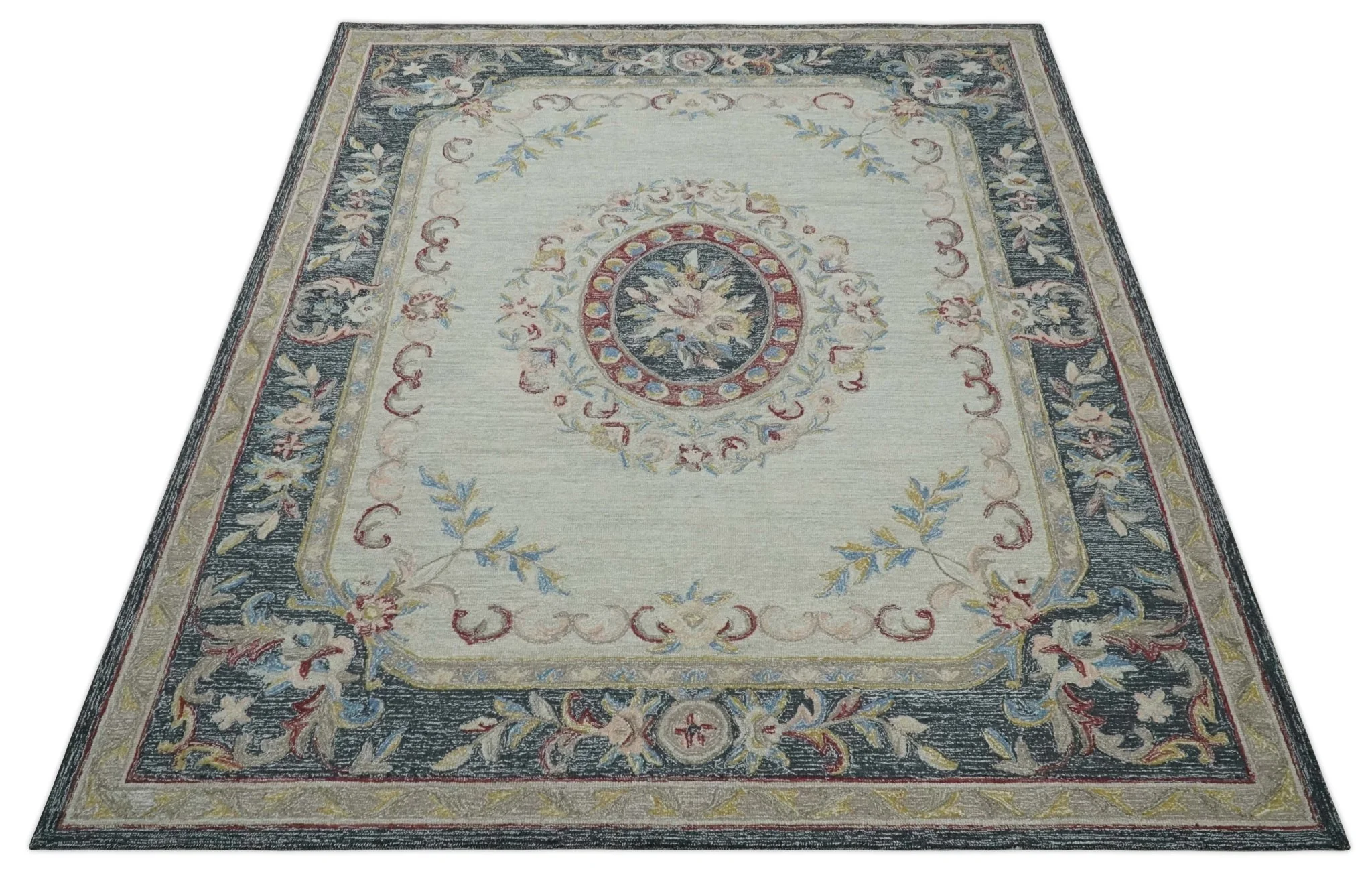 Antique Style Beige and Charcoal Aubusson design Hand Tufted 8x10 wool Area Rug - Image 10