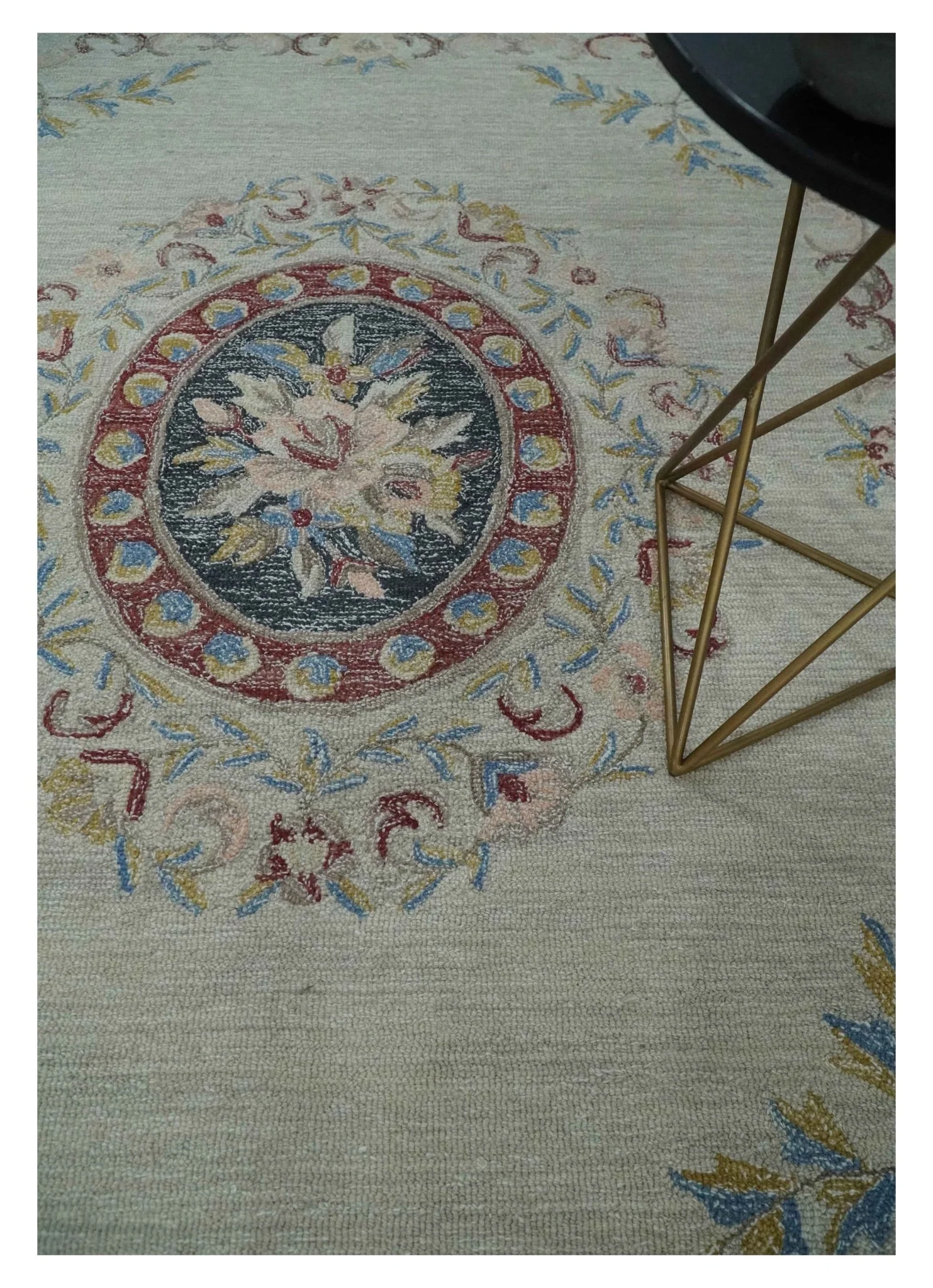 Antique Style Beige and Charcoal Aubusson design Hand Tufted 8x10 wool Area Rug - Image 2