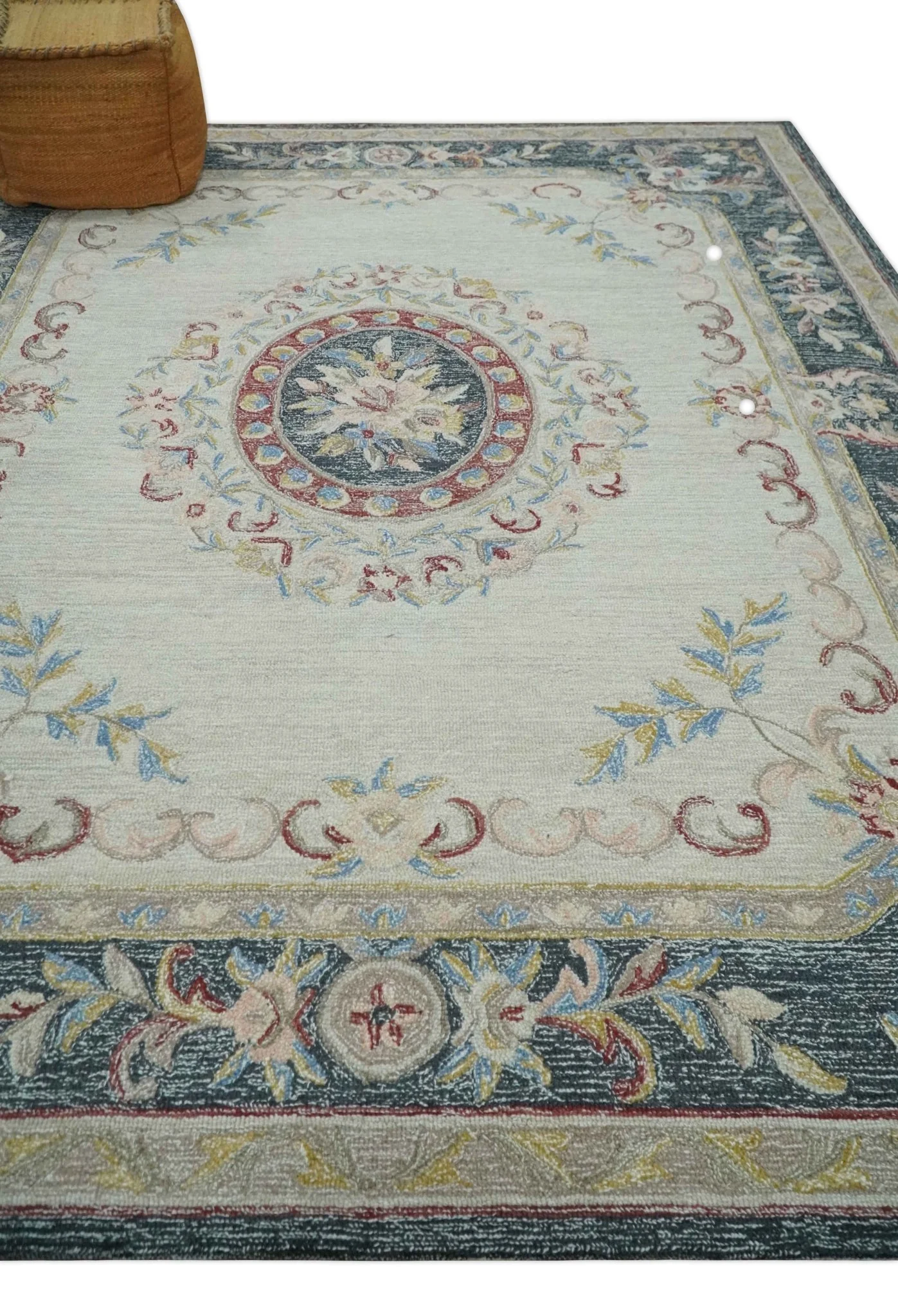 Antique Style Beige and Charcoal Aubusson design Hand Tufted 8x10 wool Area Rug - Image 3