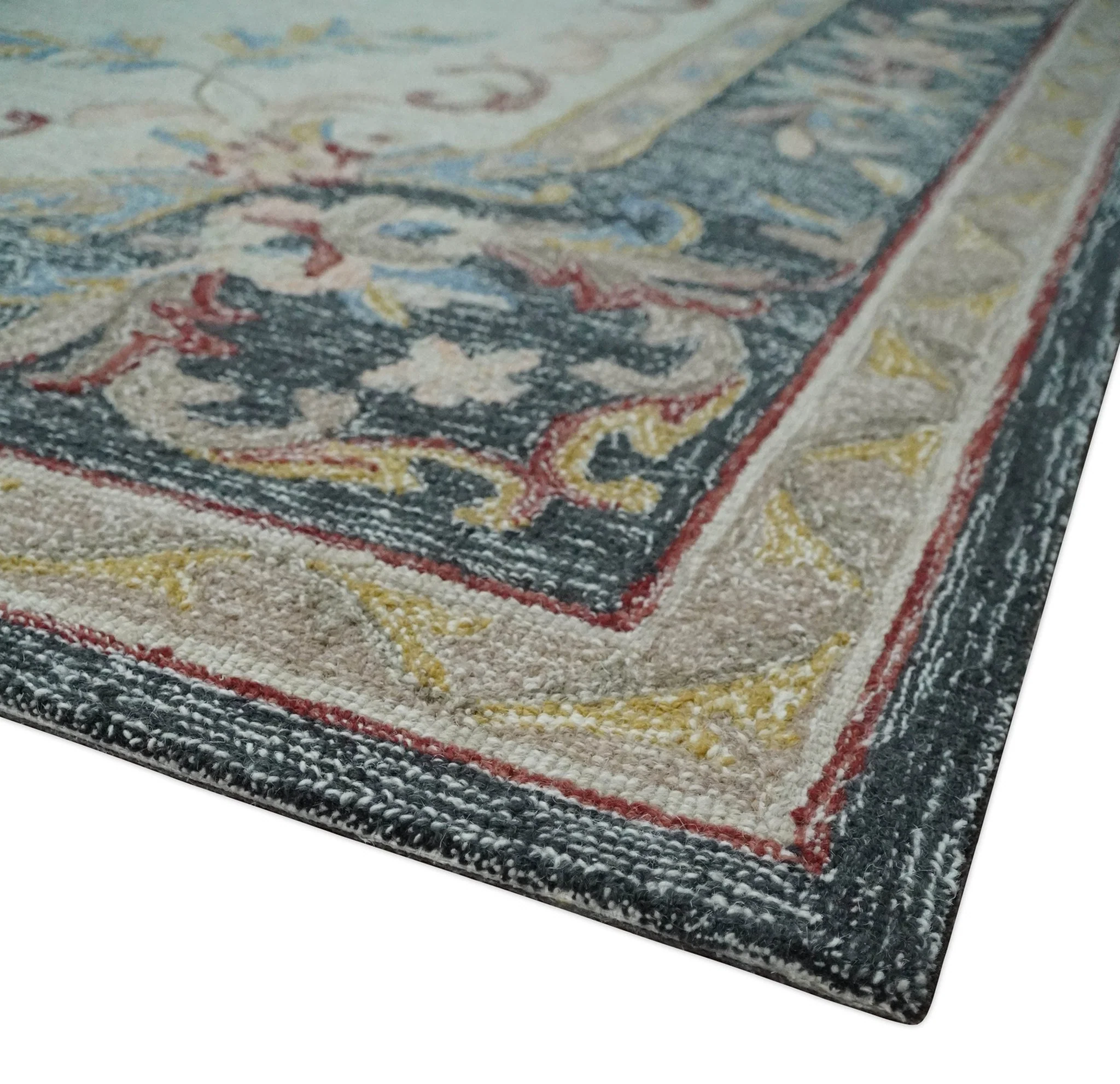 Antique Style Beige and Charcoal Aubusson design Hand Tufted 8x10 wool Area Rug - Image 5