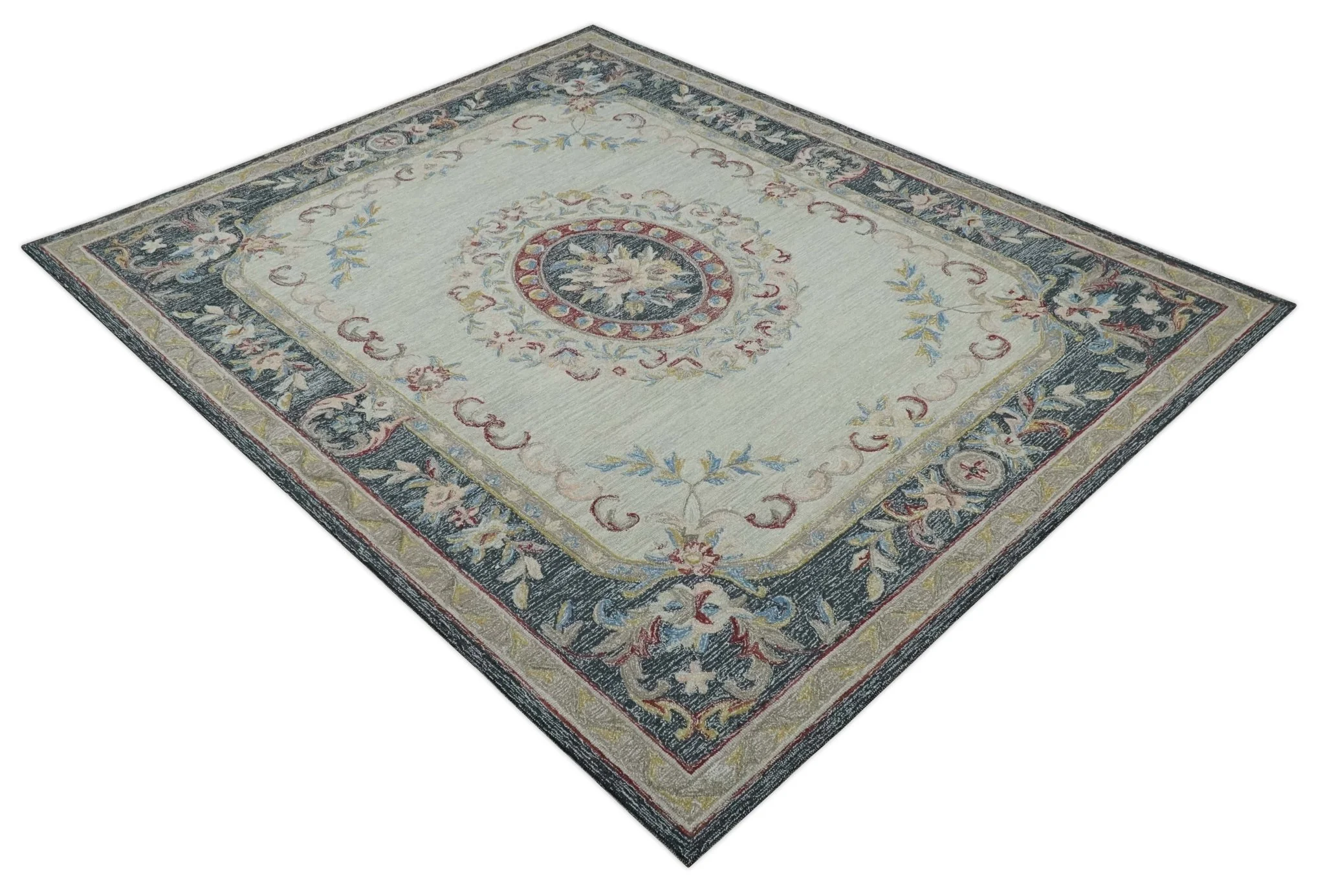 Antique Style Beige and Charcoal Aubusson design Hand Tufted 8x10 wool Area Rug - Image 9