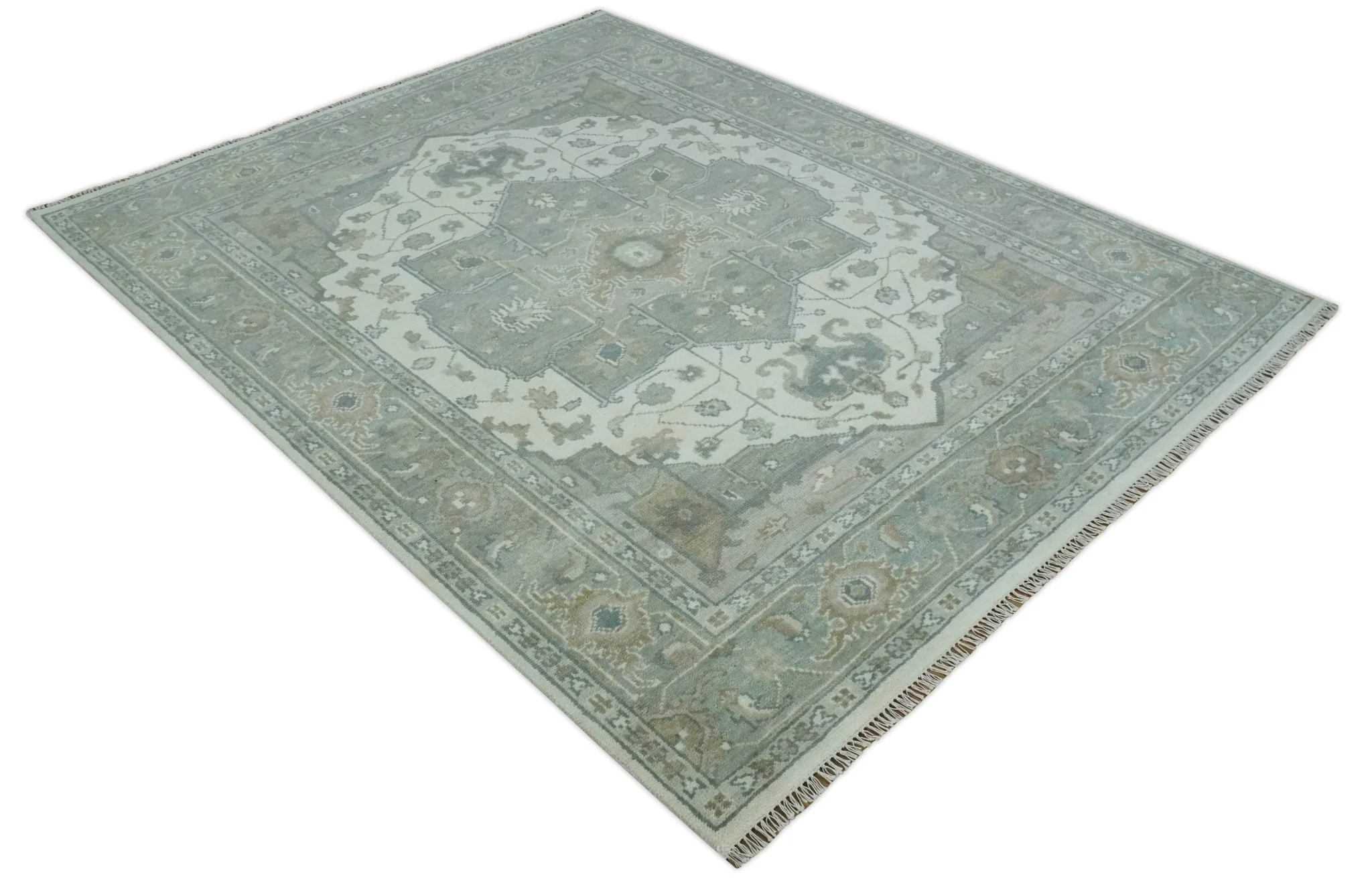 Antique look Gray, Ivory and Silver Hand knotted Traditional Heriz Medallion 8x10 wool Area Rug - Image 10