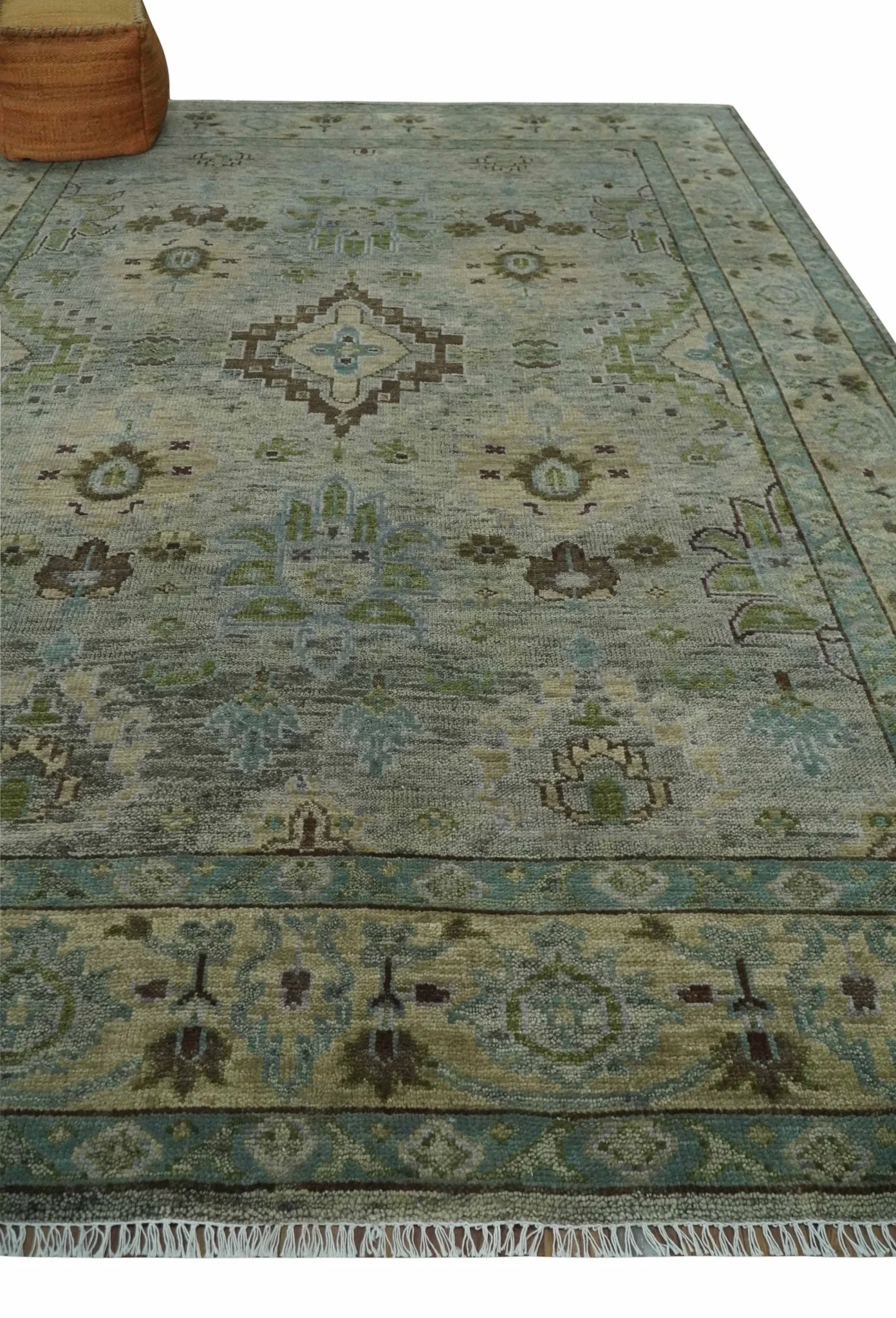 Custom Made Antique Style Green and Silver Hand knotted Traditional Oriental Oushak wool Area Rug - Image 3