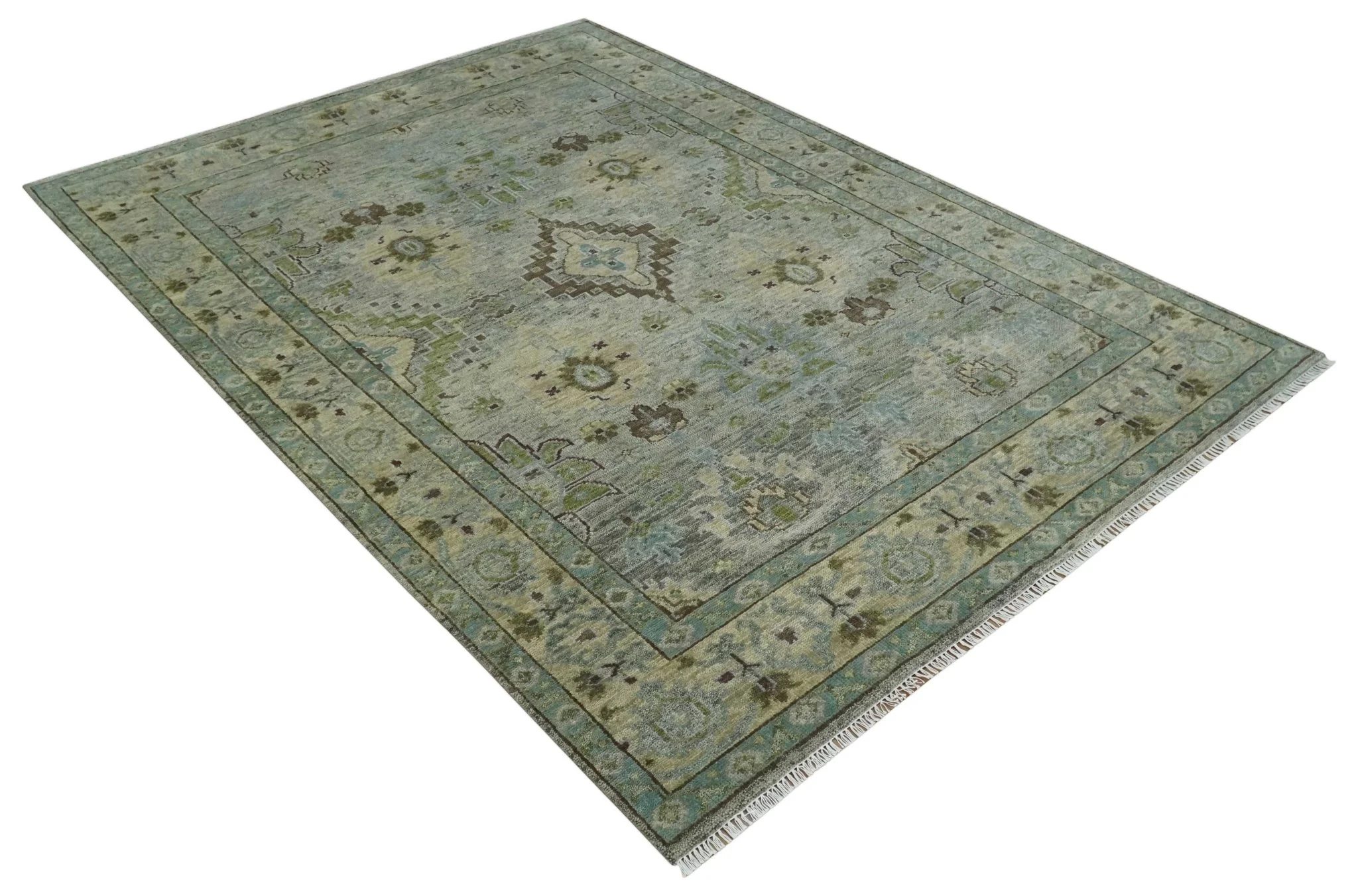 Custom Made Antique Style Green and Silver Hand knotted Traditional Oriental Oushak wool Area Rug - Image 9