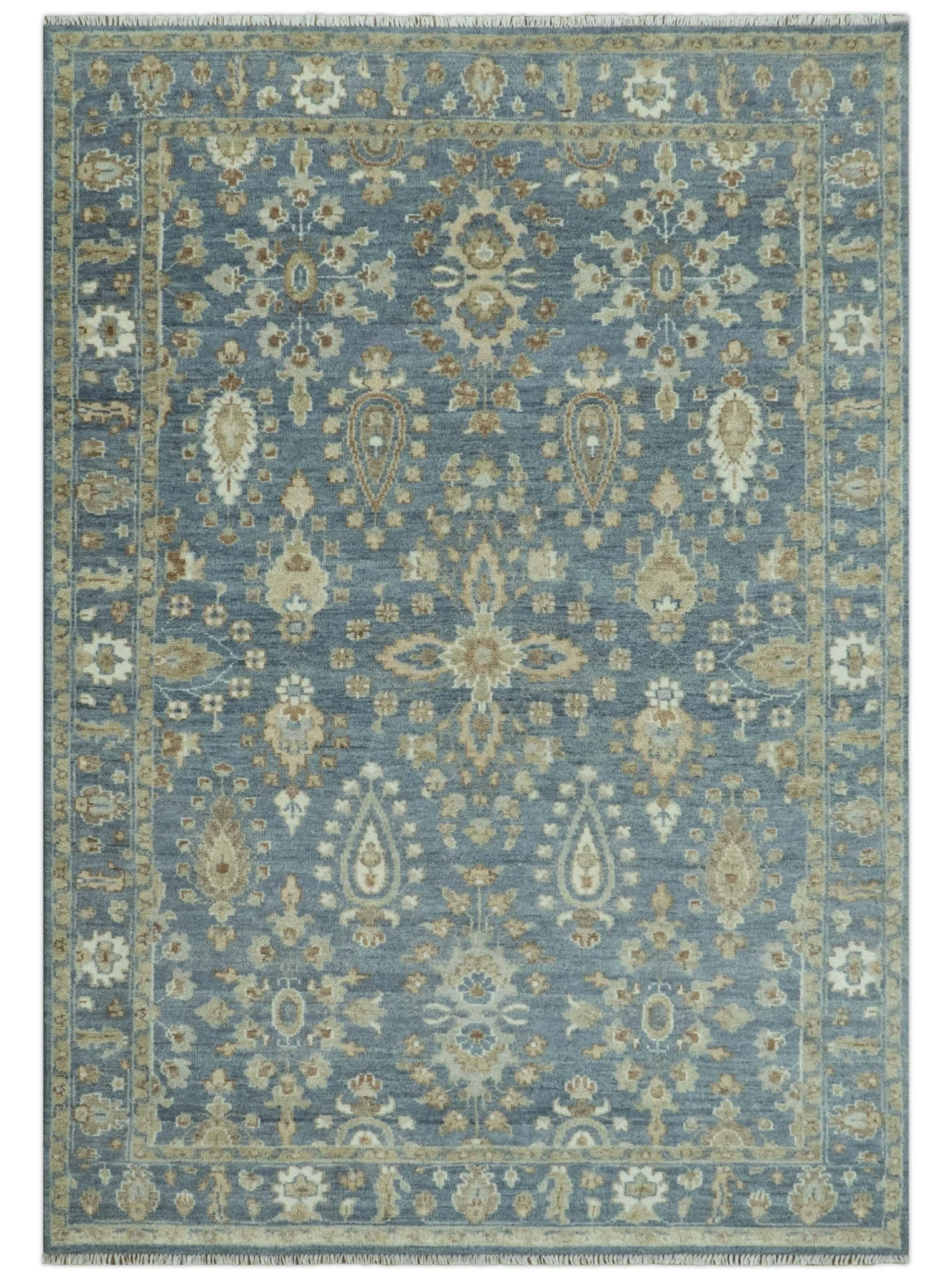 Custom Made Antique Hand Knotted Blue and Beige Traditional Oushak Wool Area Rug - Image 11