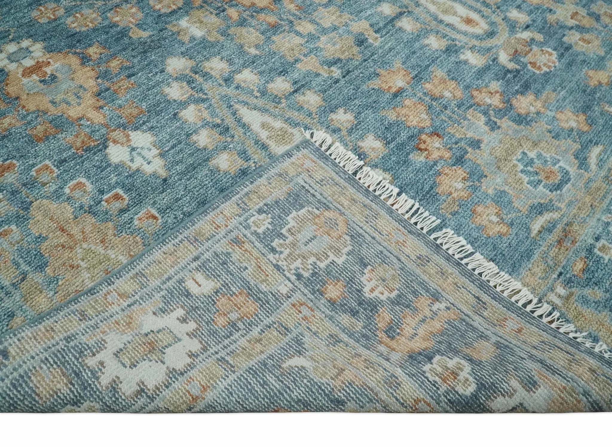 Custom Made Antique Hand Knotted Blue and Beige Traditional Oushak Wool Area Rug - Image 7