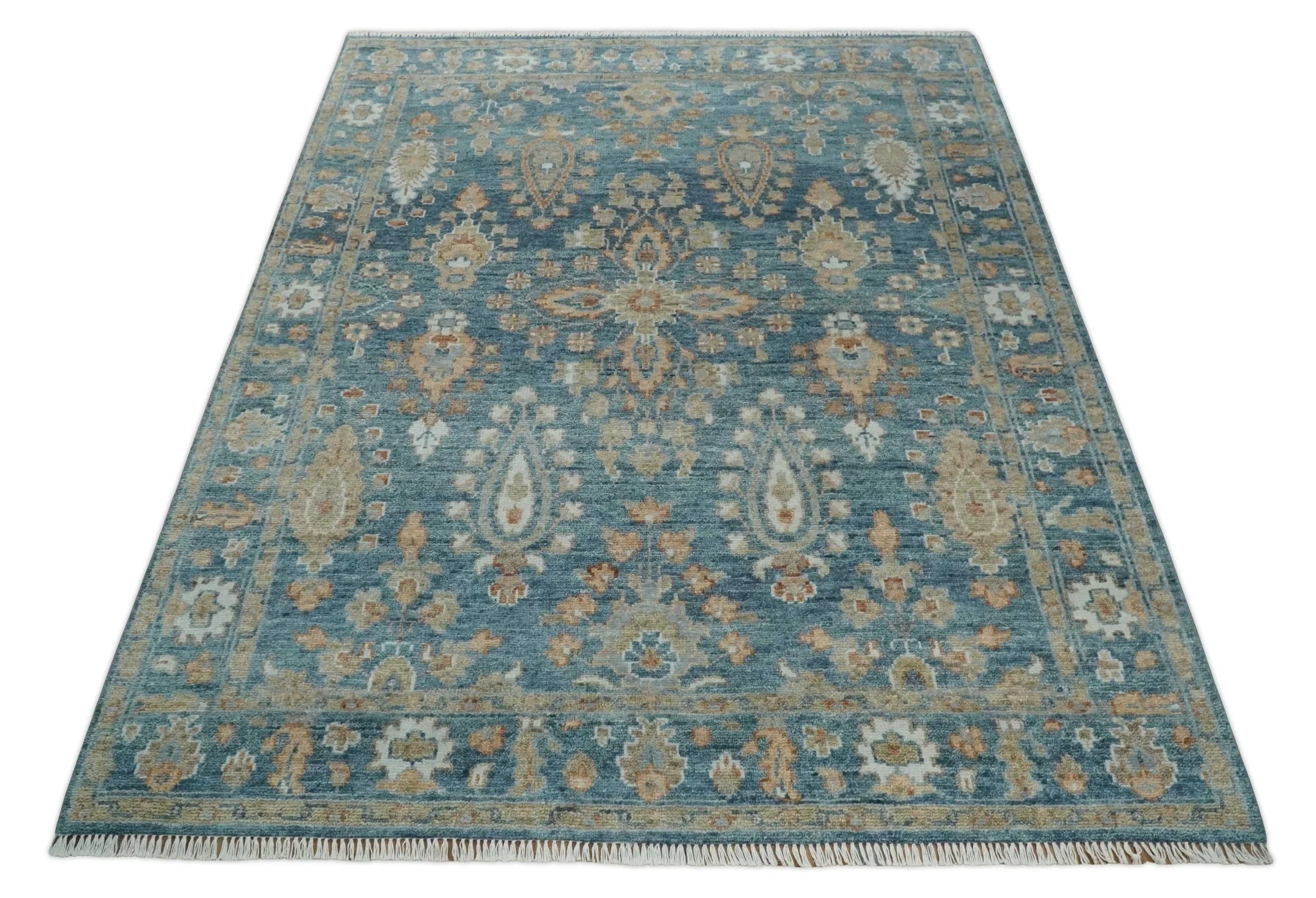 Custom Made Antique Hand Knotted Blue and Beige Traditional Oushak Wool Area Rug - Image 9