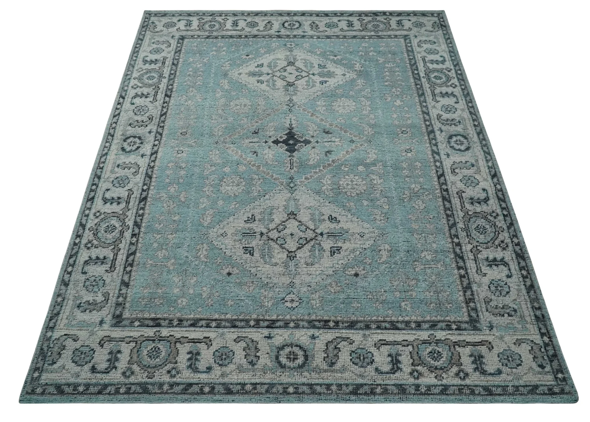 Antique Finish Hand Knotted 8x10 Blue, Silver and Charcoal Traditional Low Pile Wool Area Rug - Image 10