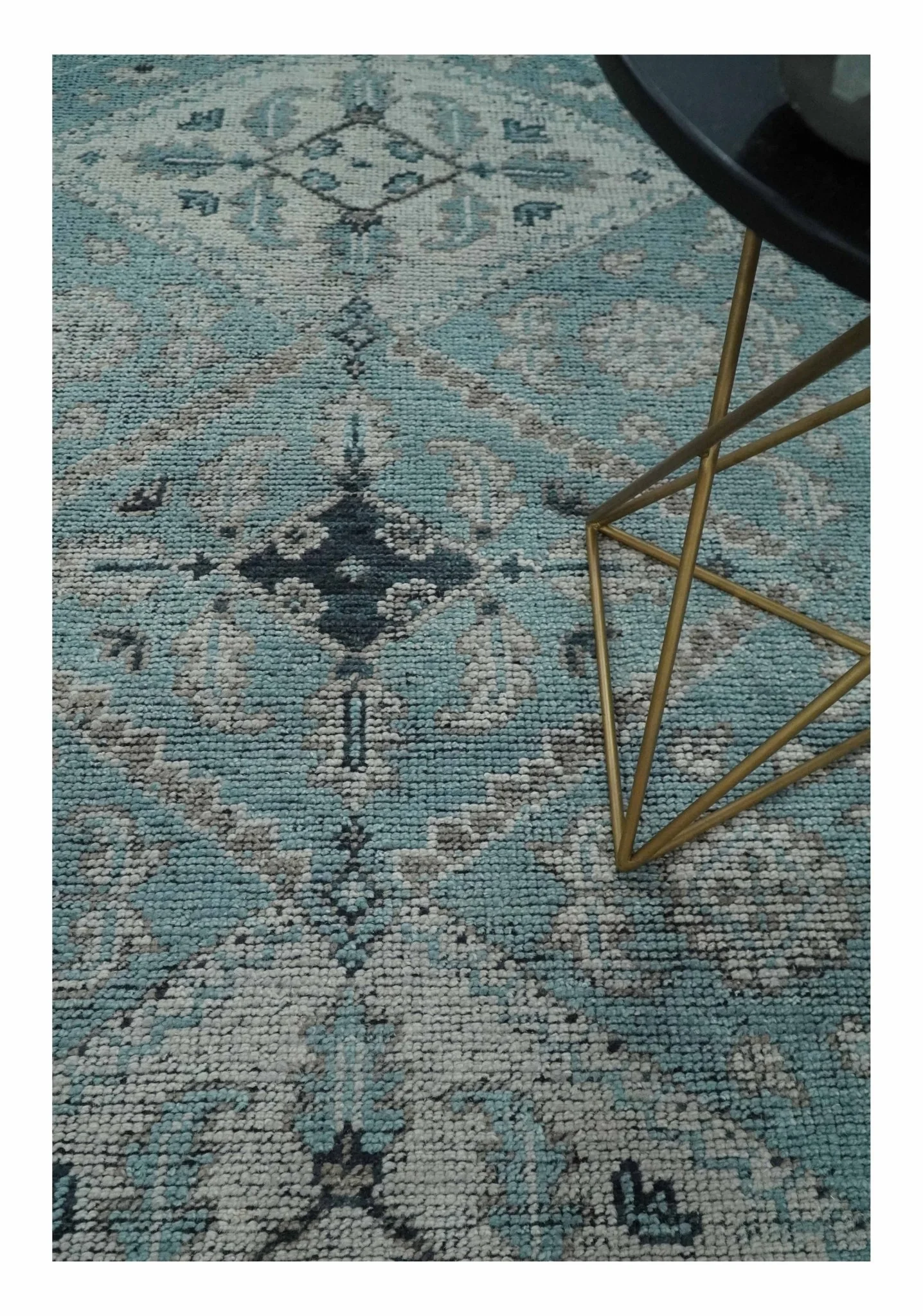 Antique Finish Hand Knotted 8x10 Blue, Silver and Charcoal Traditional Low Pile Wool Area Rug - Image 2