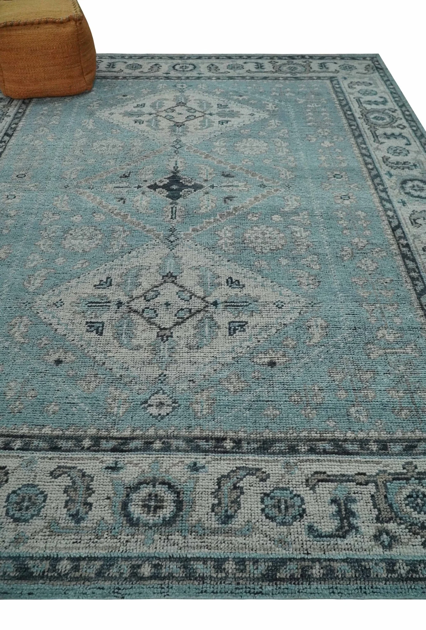 Antique Finish Hand Knotted 8x10 Blue, Silver and Charcoal Traditional Low Pile Wool Area Rug - Image 3