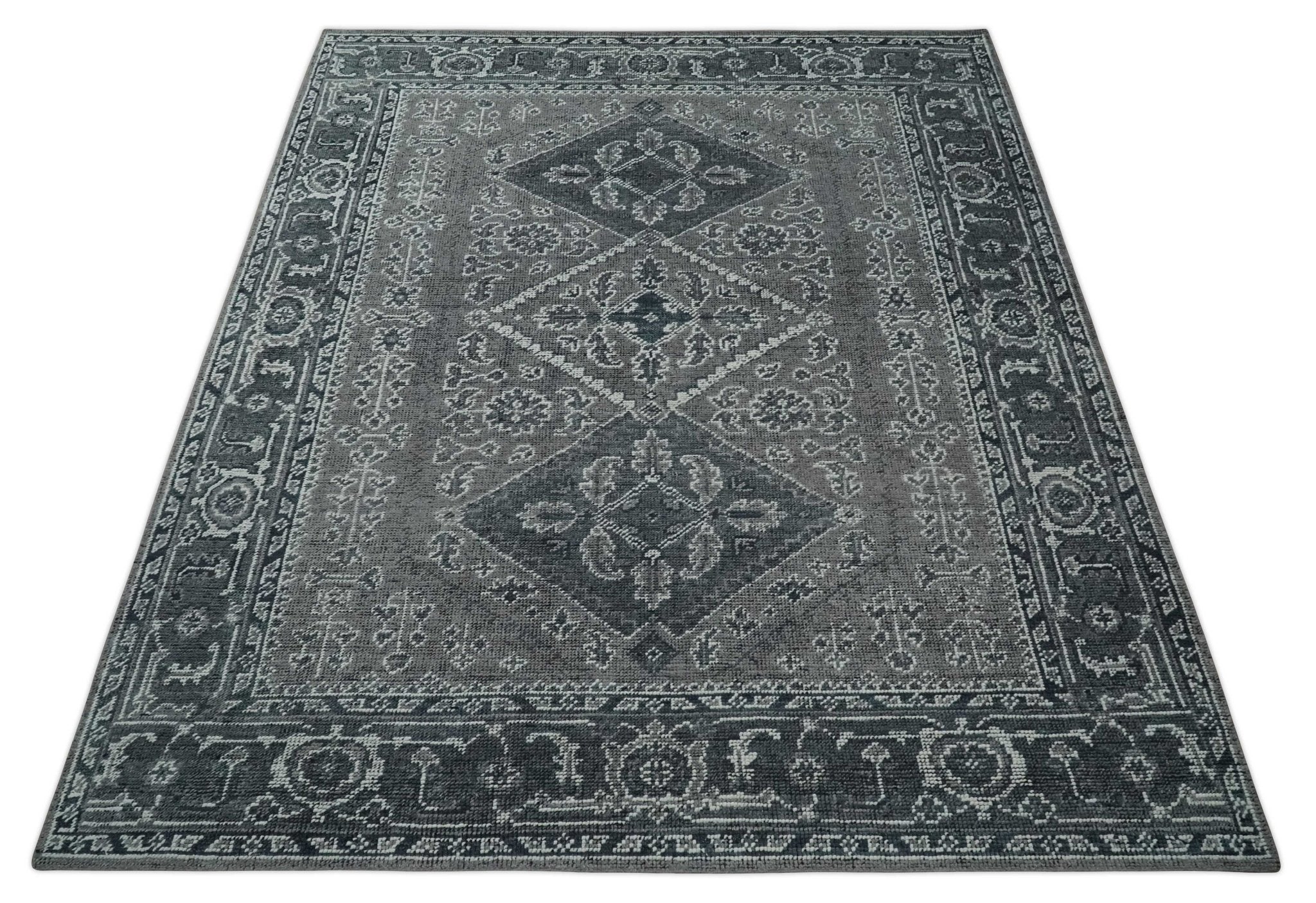 Antique Look Hand Knotted 8x10 Charcoal and Silver Traditional Low Pile Wool Area Rug - Image 10